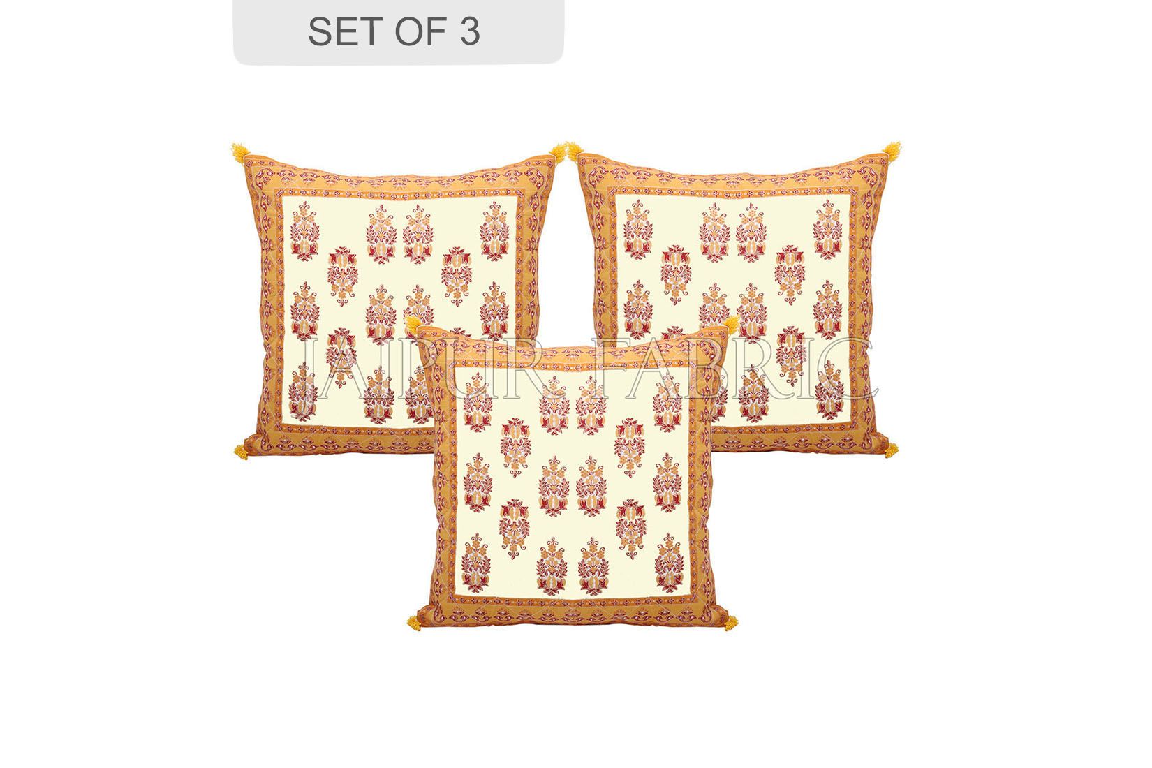 Cream Base with Yellow Border Rajasthani Kalash Design Cotton Cushion Cover