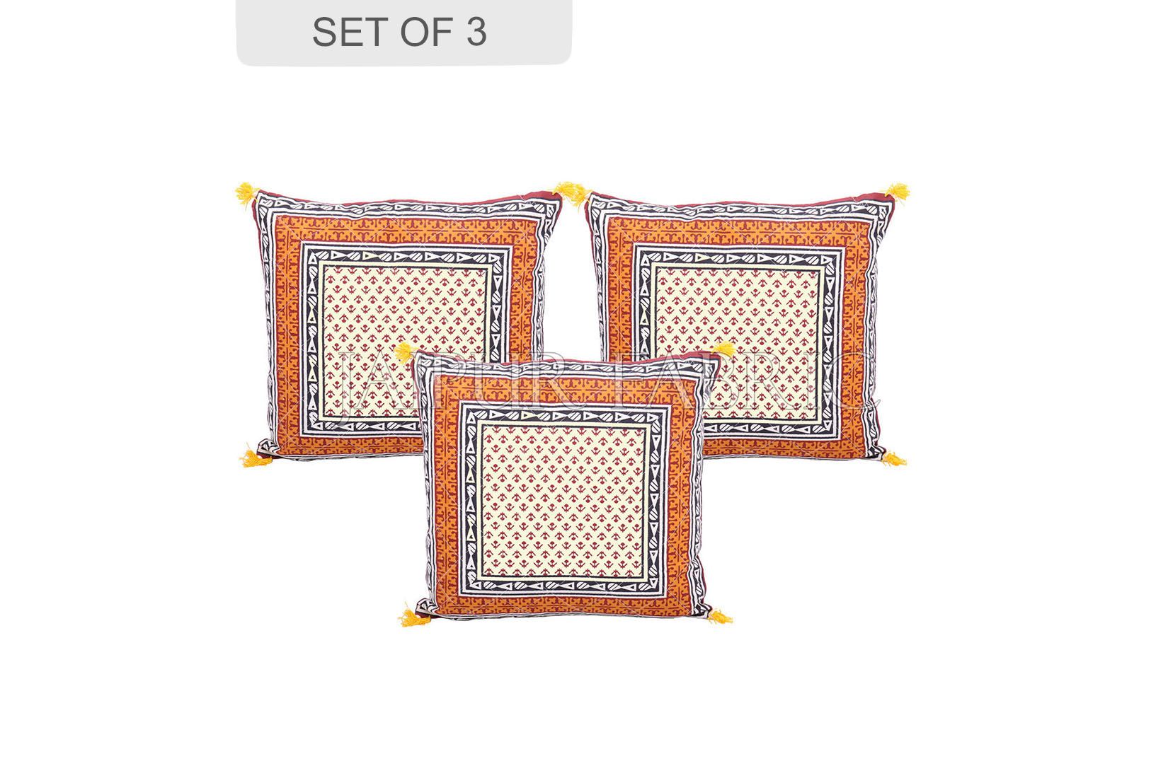 Orange Jaipuri Block Golden Print Cotton Cushion Cover