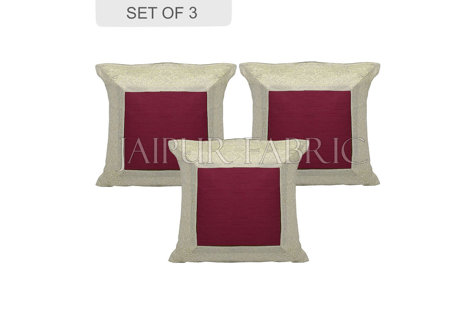 Maroon Base with White Gota Work Border Cotton Satin Silk Cushion Cover