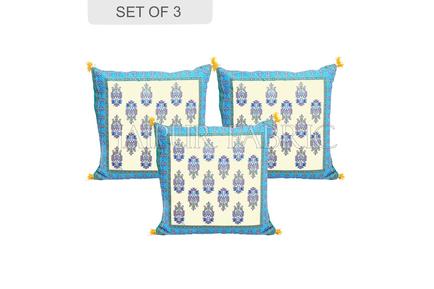 Cream Base with Cyan Border Rajasthani Kalash Design Cotton Cushion Cover