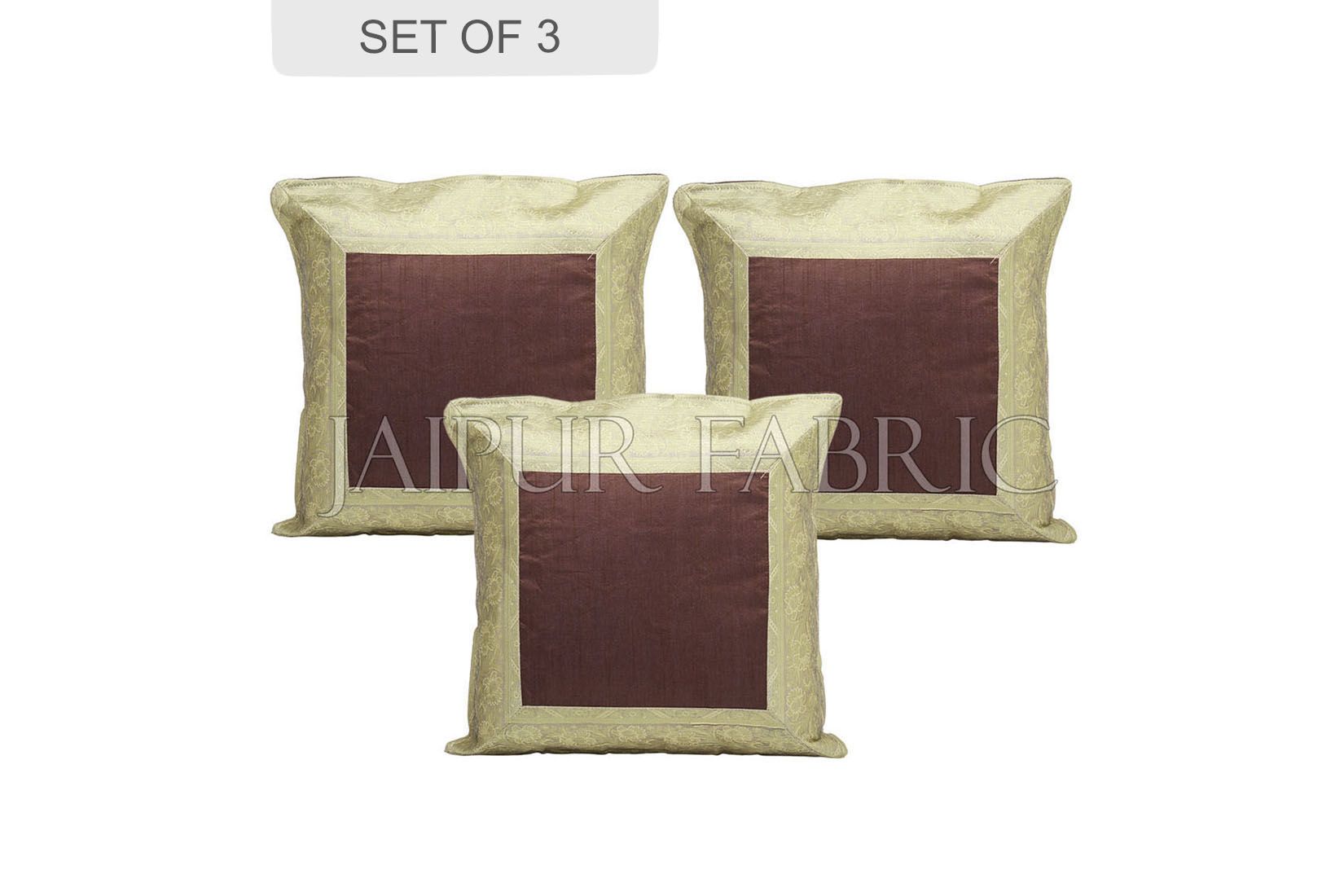 Brown Base with Golden Gota Work Border Cotton Satin Silk Cushion Cover