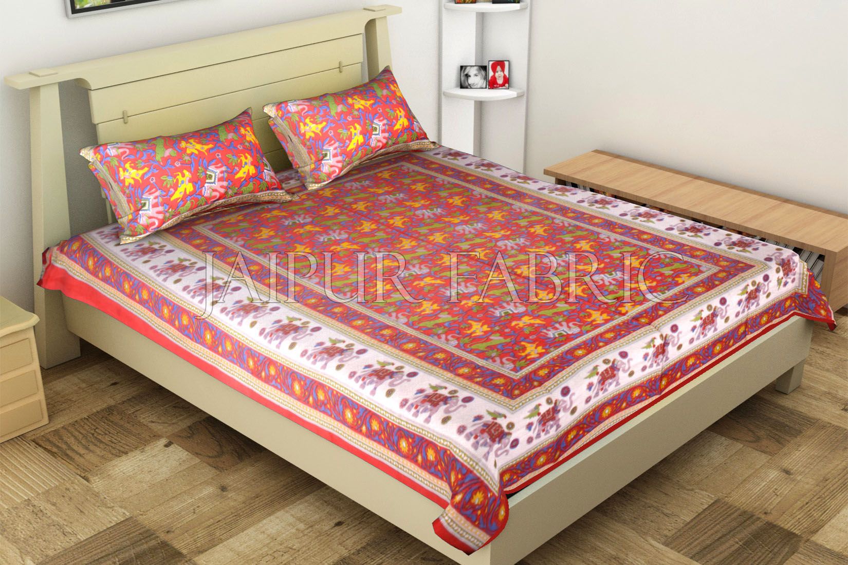 Red Elephant and Tropical Printed Rajasthani Cotton Single Bed Sheet