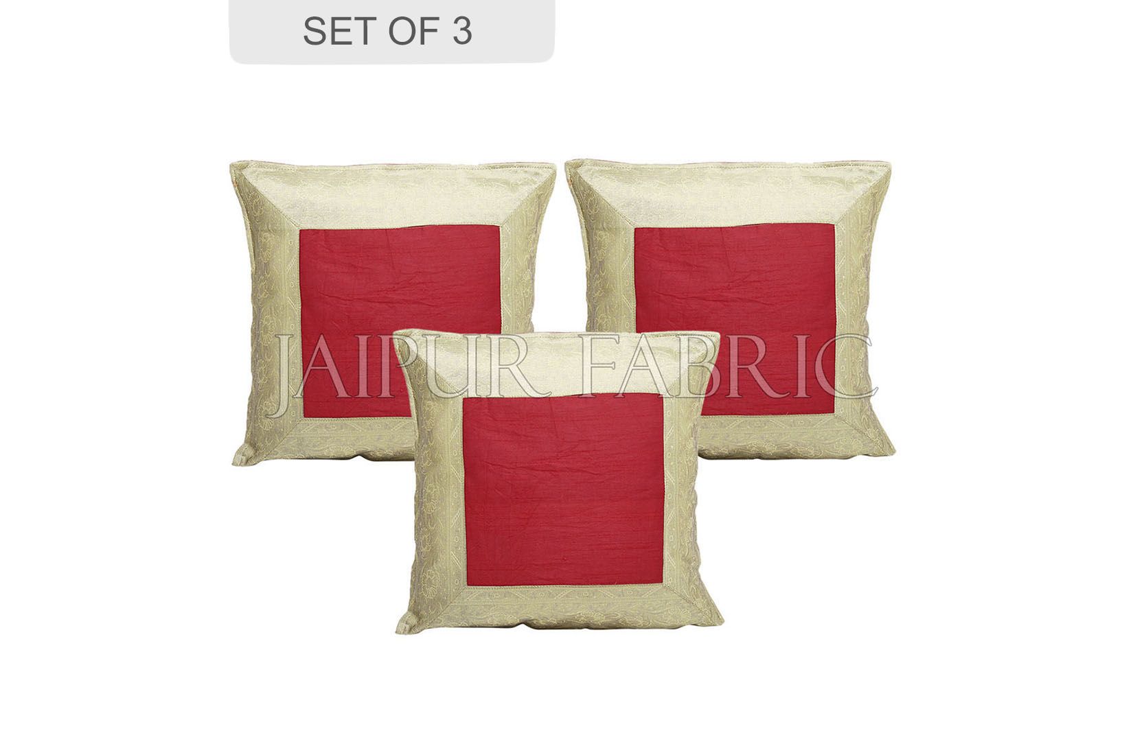 Red Base with Golden Gota Work Border Cotton Satin Silk Cushion Cover