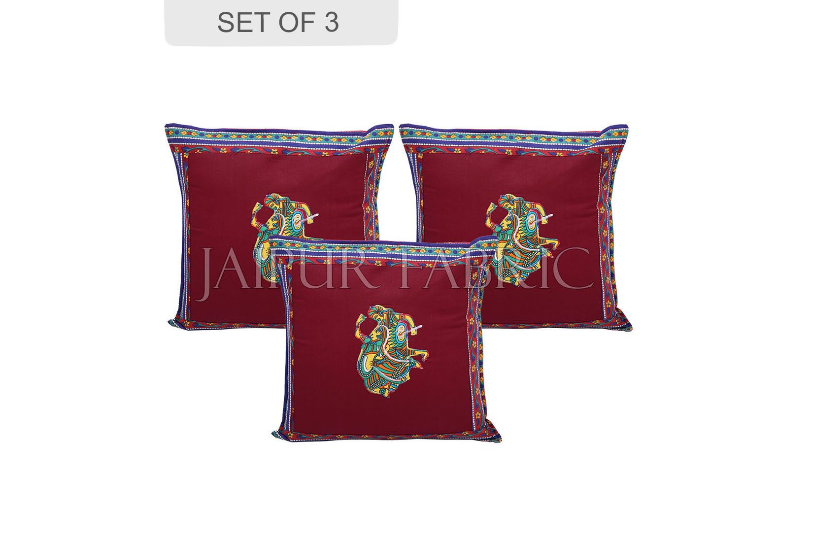 Maroon Color Traditional Folk Dance Patch Work Cotton Cushion Cover