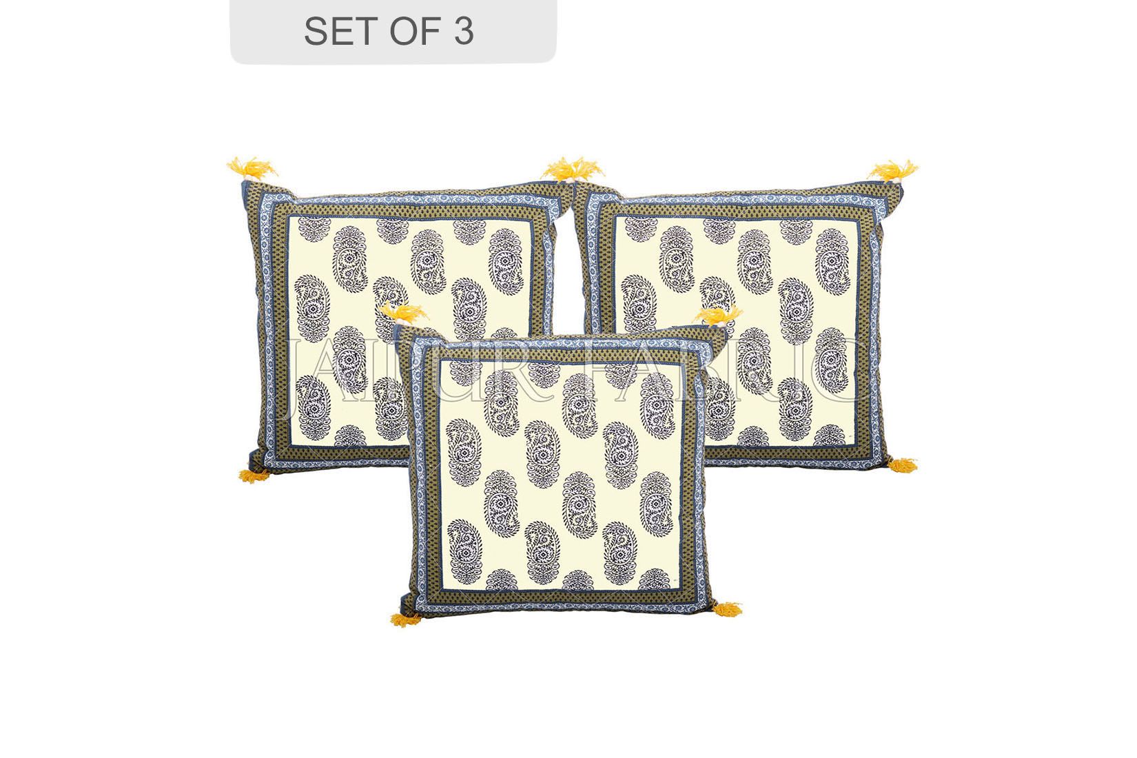 Moss Color Border Keri Block Print Cotton Cushion Cover