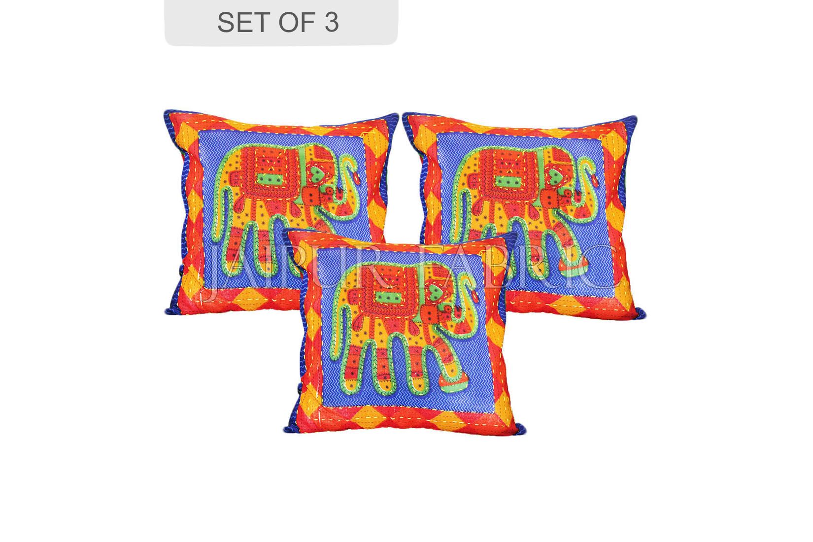 Blue Jaisalmer handmade Embroidery with Thread work Elephant Print Cushion cover