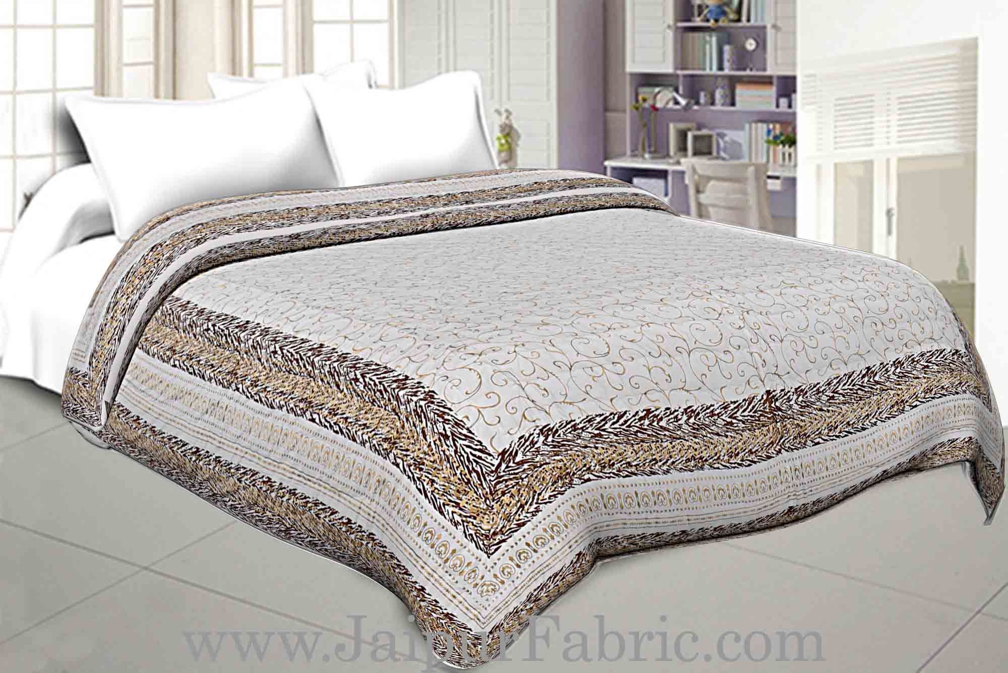 Jaipuri Printed Double Bed Razai Golden  Coffee White base with Jall pattern