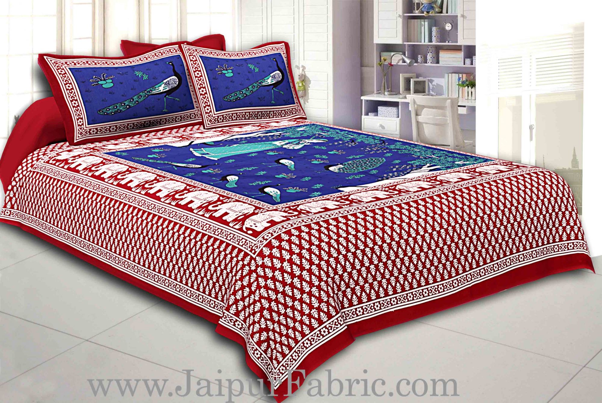 Maroon Border Blue Base Meera With Peacocks Cotton Double Bedsheet