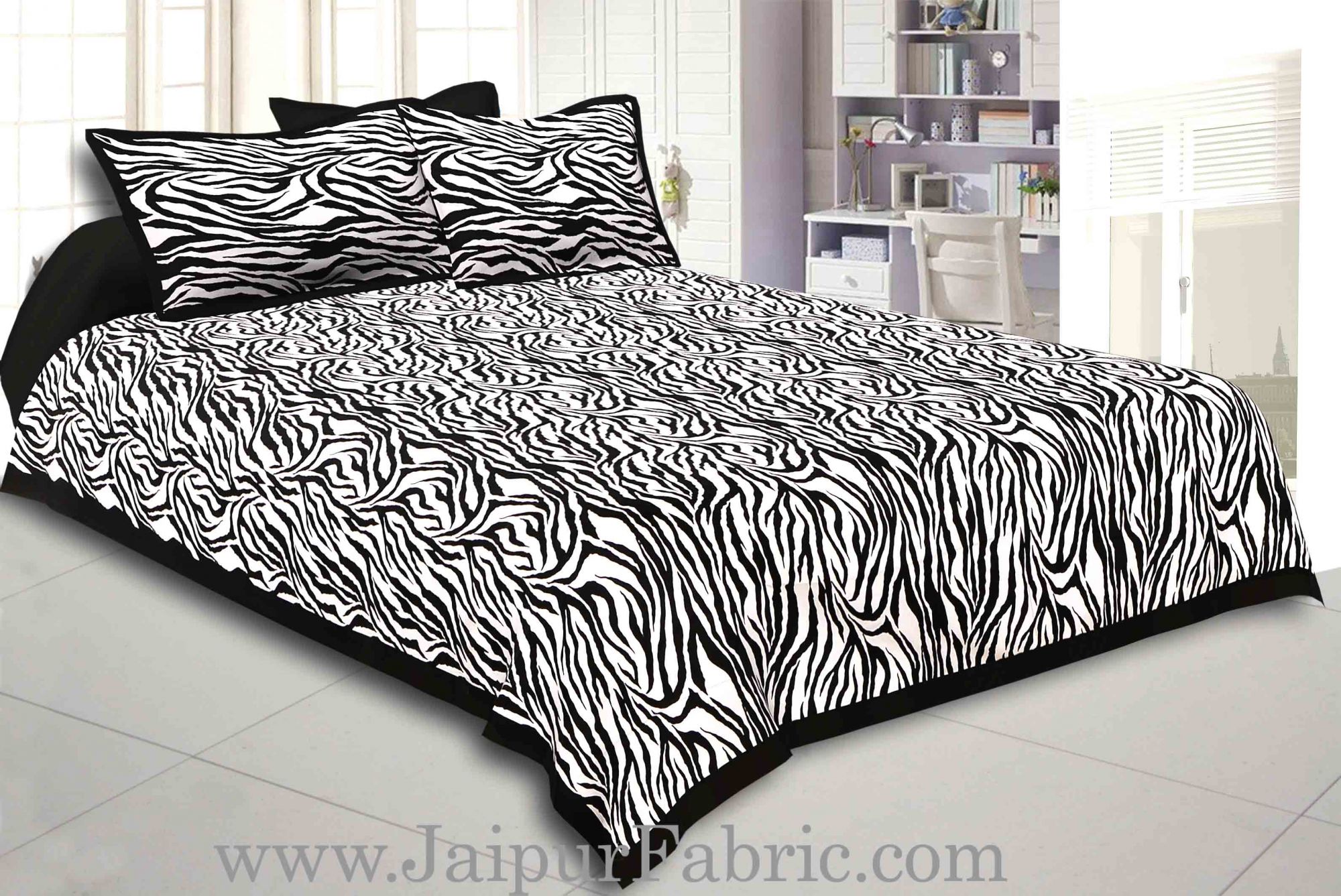 Black Border White  Base Zebra Print Fine Cotton Double Bed sheet  With Pillow Cover