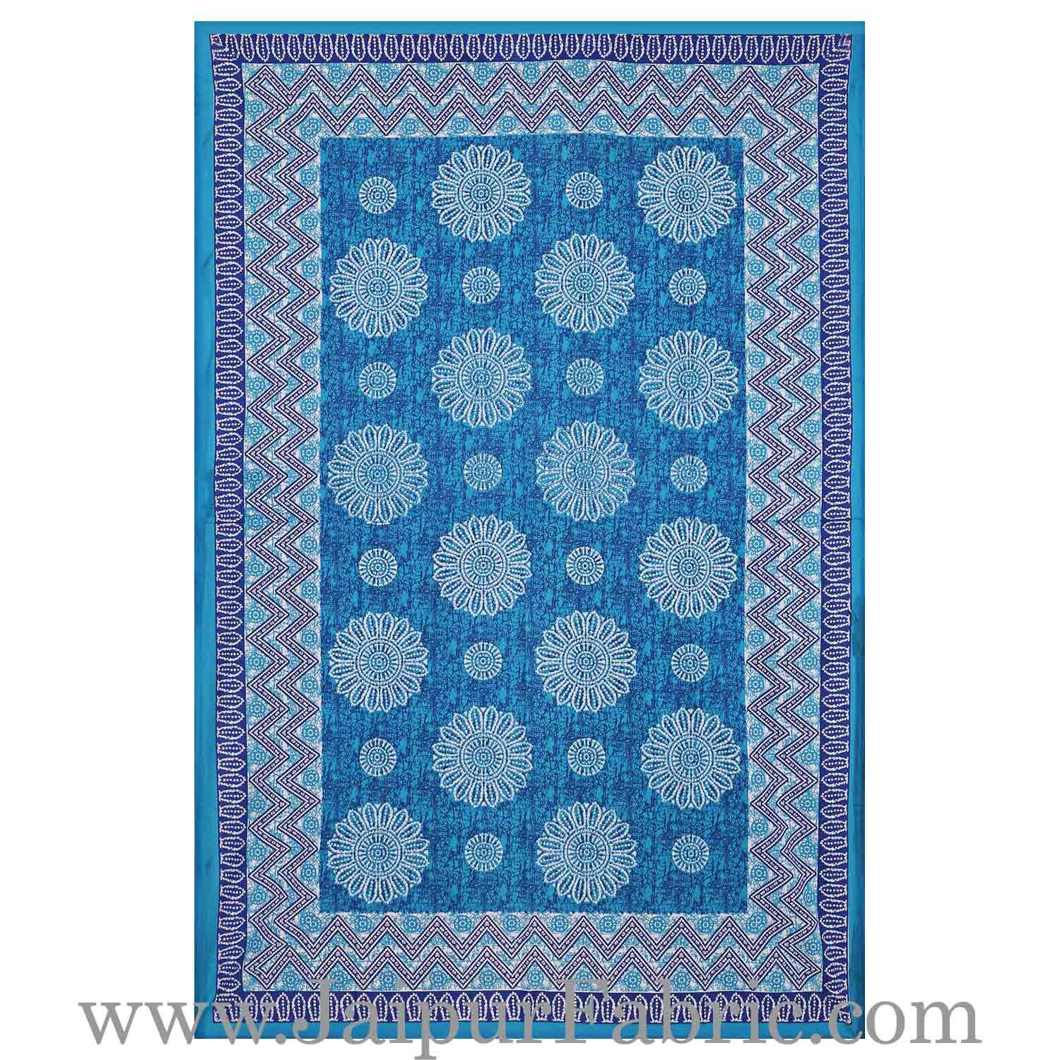 Single Bedsheet Pure Cotton Blue Firozi Border Flower Print Zig Zag Pattern