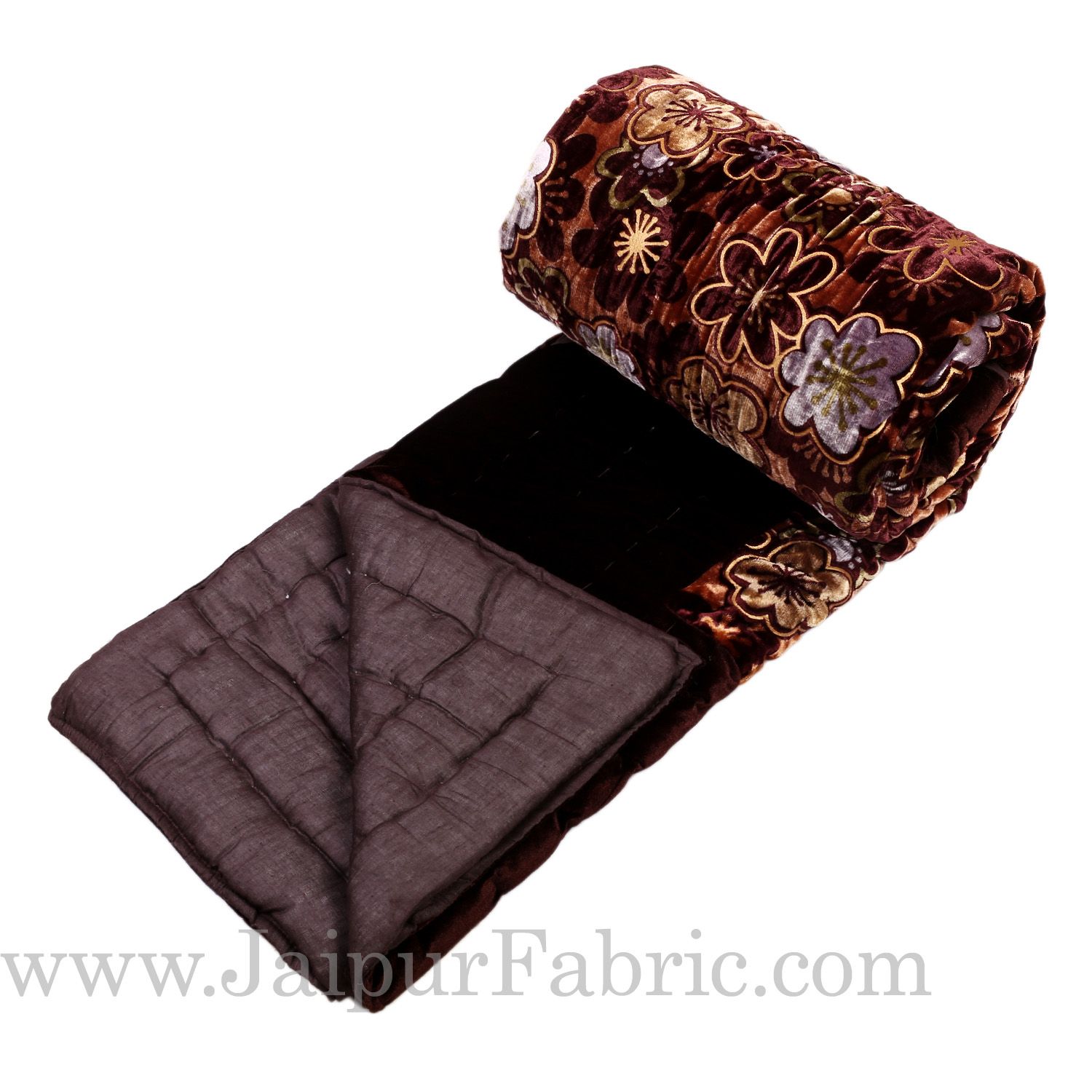 Dark  Brown With  Flower Print Velvet(Shaneel) Single  Quilt