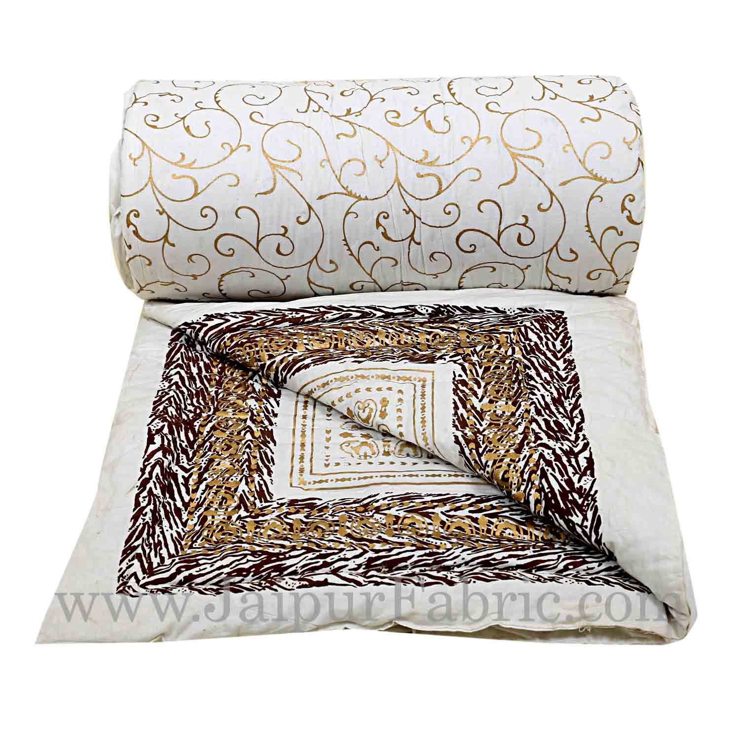 Jaipuri Printed Double Bed Razai Golden  Coffee White base with Jall pattern