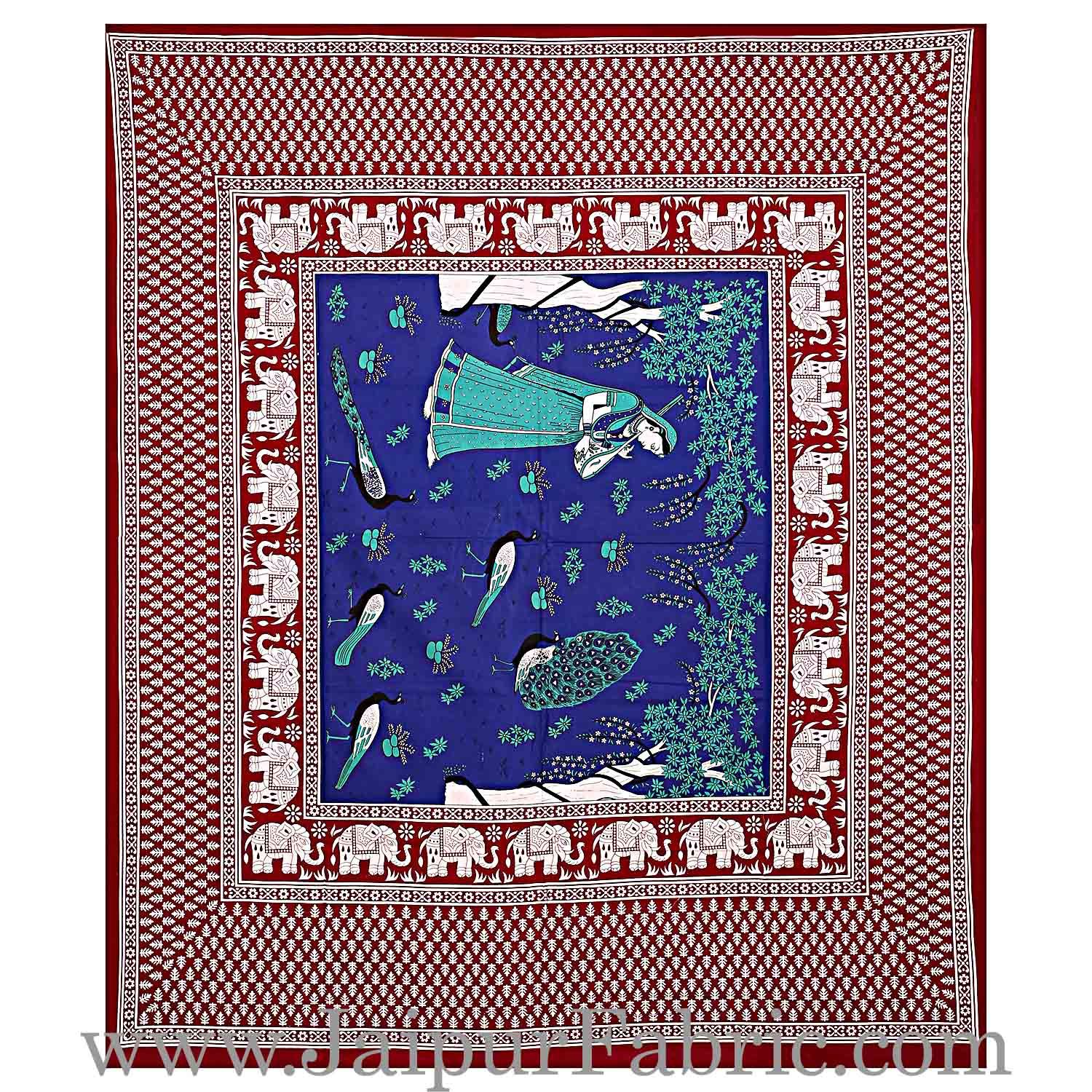 Maroon Border Blue Base Meera With Peacocks Cotton Double Bedsheet