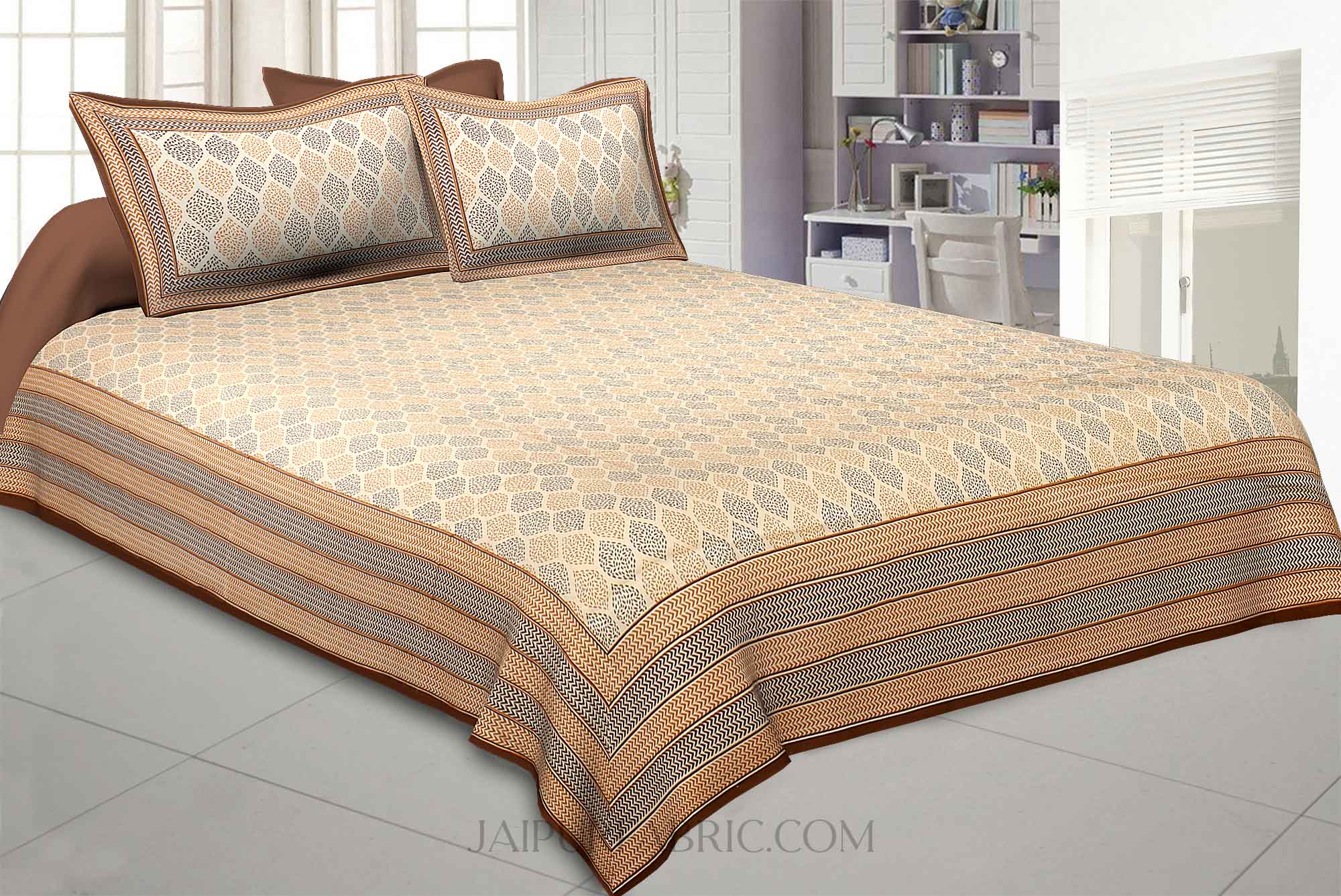 Leafy Style Brown Cotton Satin King Size Bedsheet