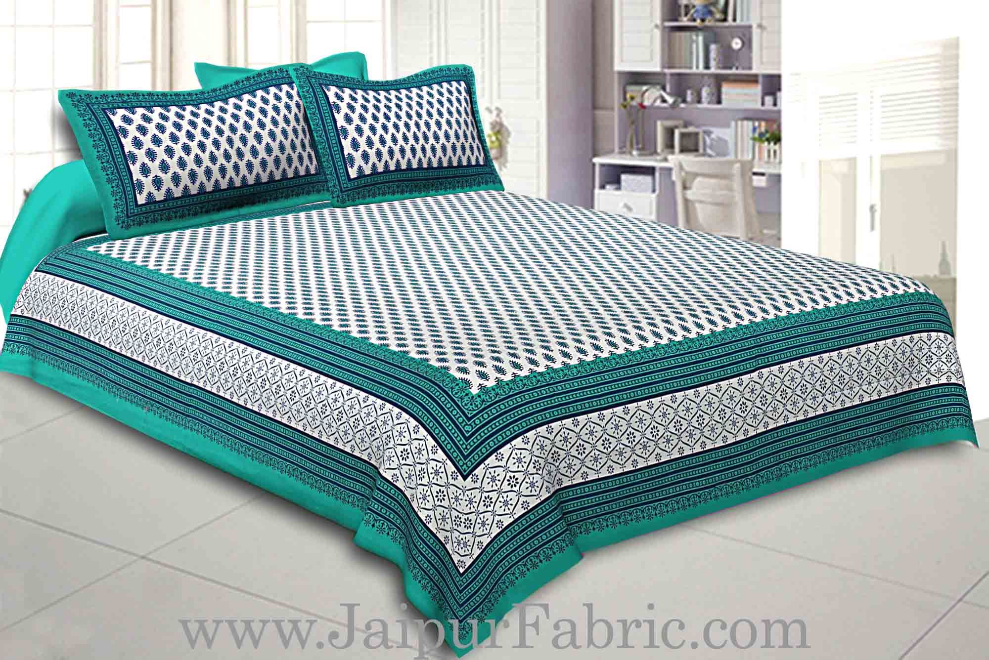 Double Bedsheet Sea Green Border Fine Cotton Leaf Print With Two Pillow Cover