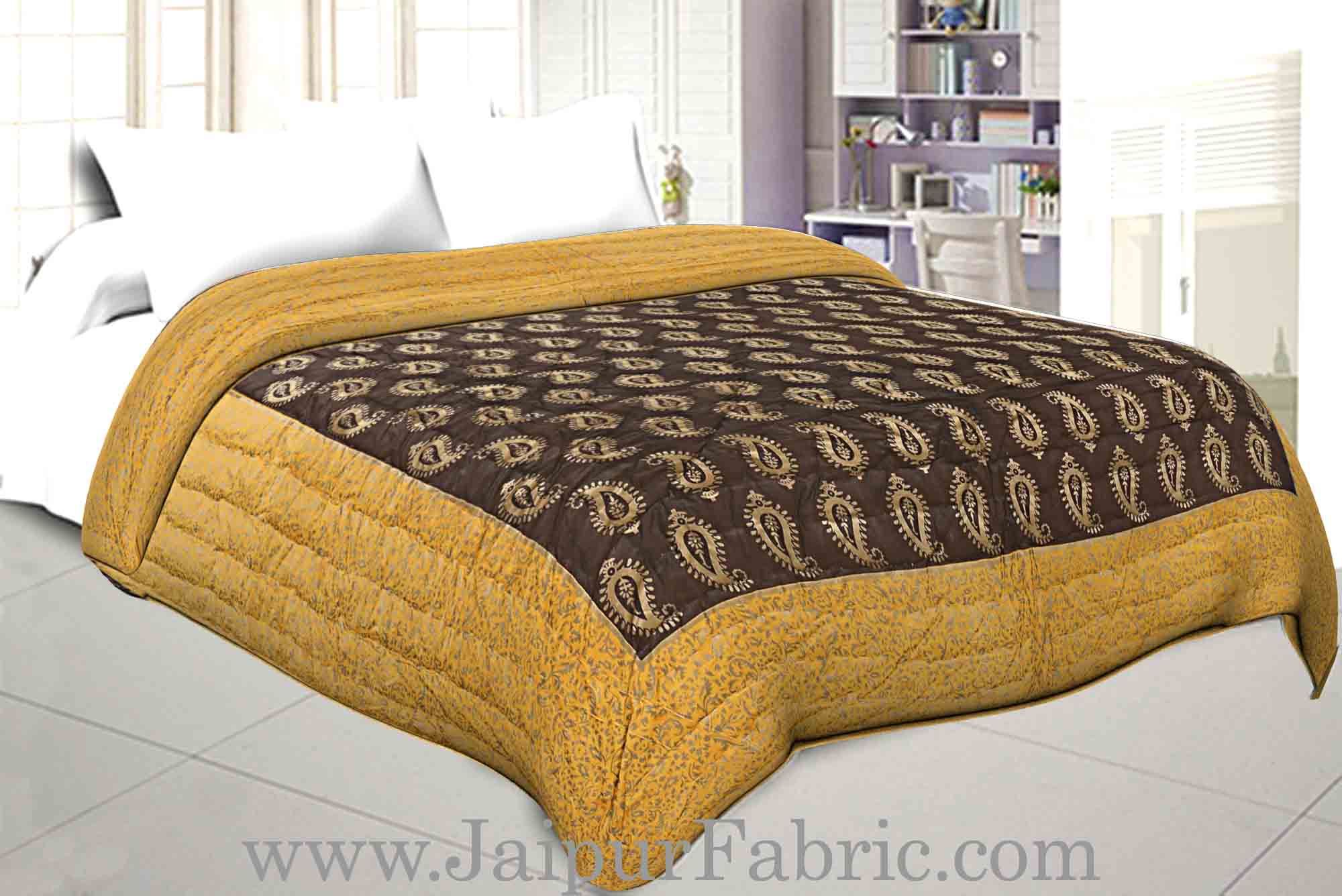 Jaipuri Printed Double Bed Razai Golden Yellow and black with Paisley pattern