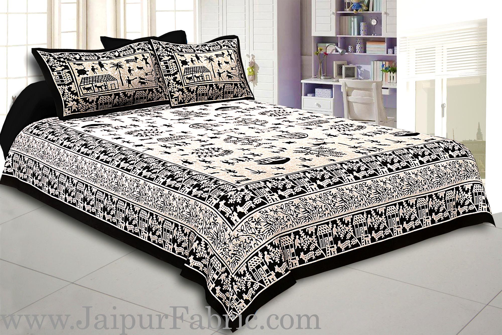 Black Border Cream Base Light And Rural Pattern Super Fine Double Bed Sheet