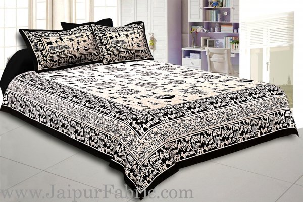 Black Border Cream Base Light And Rural Pattern Super Fine Double Bed Sheet