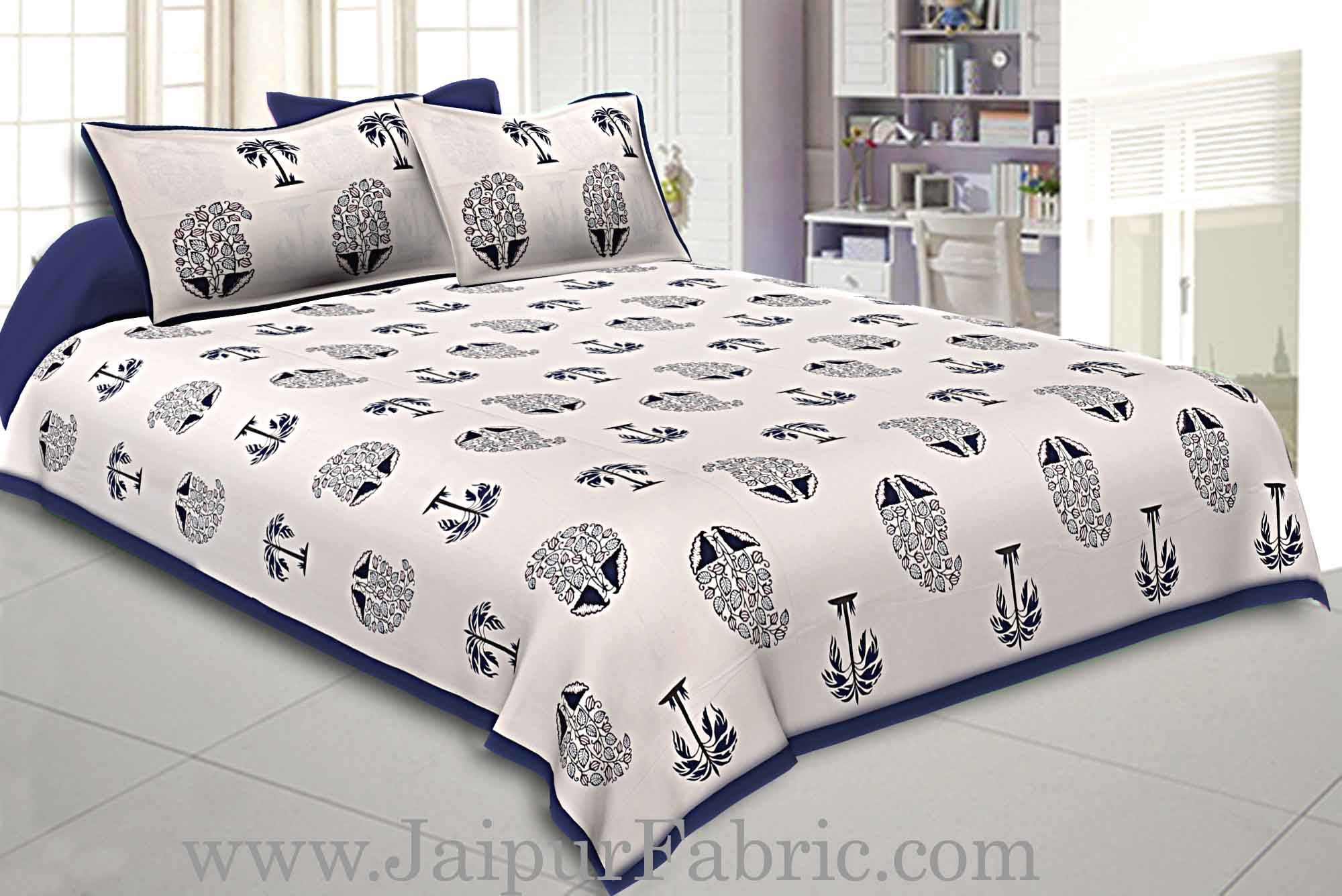 Double Bedsheet  Blue Border  Fine Cotton  Block Print