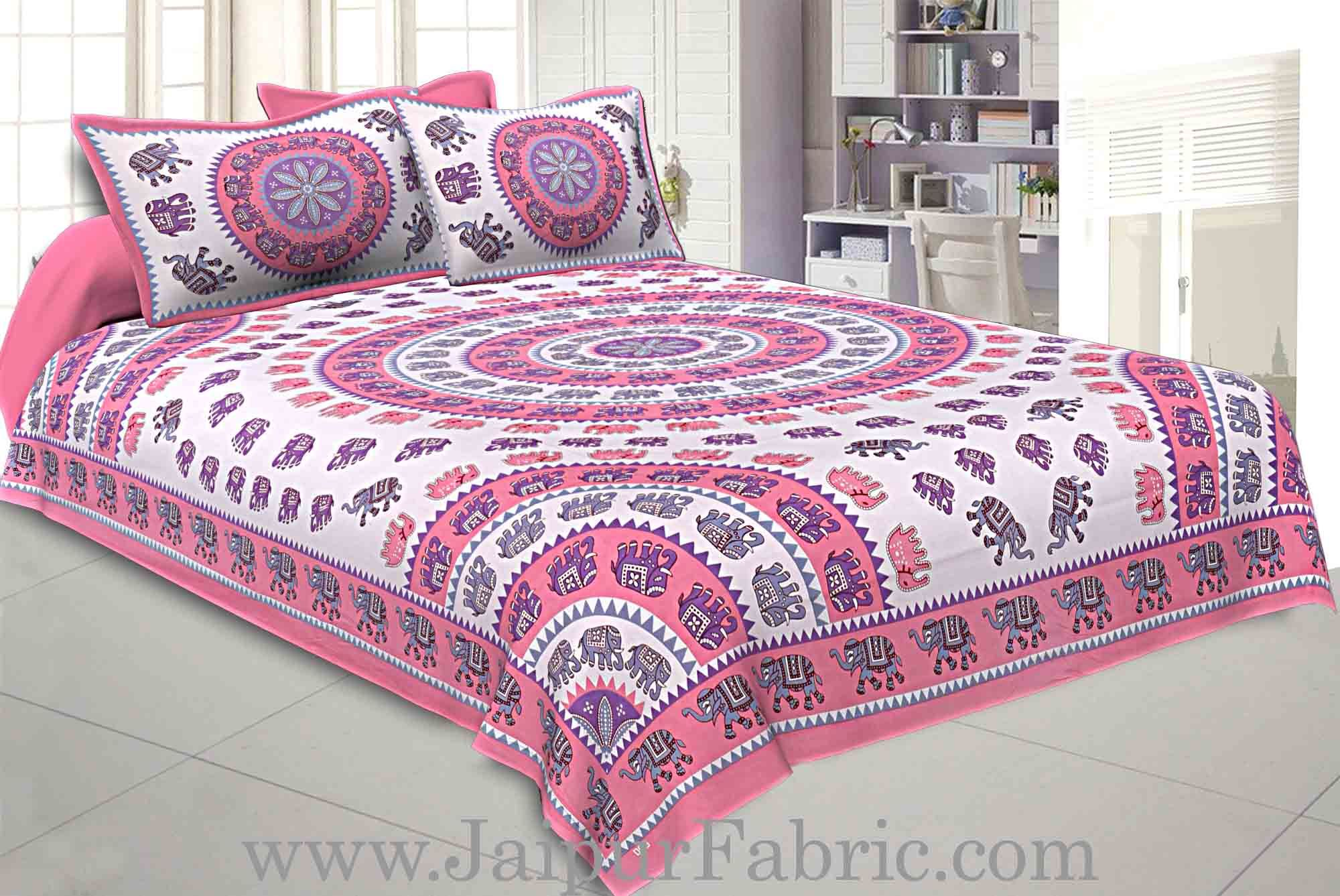 Double bedsheet Pink Border With Elephant Print Fine Cotton With Two Pillow Cover