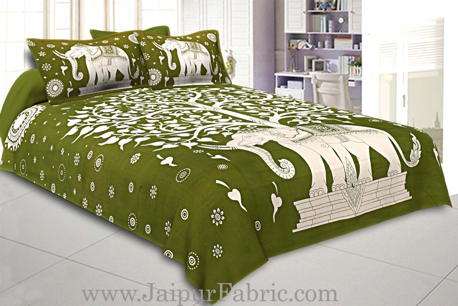 Double Bedsheet With Big Elephant And Tree Pattern With Two Pillow Cover