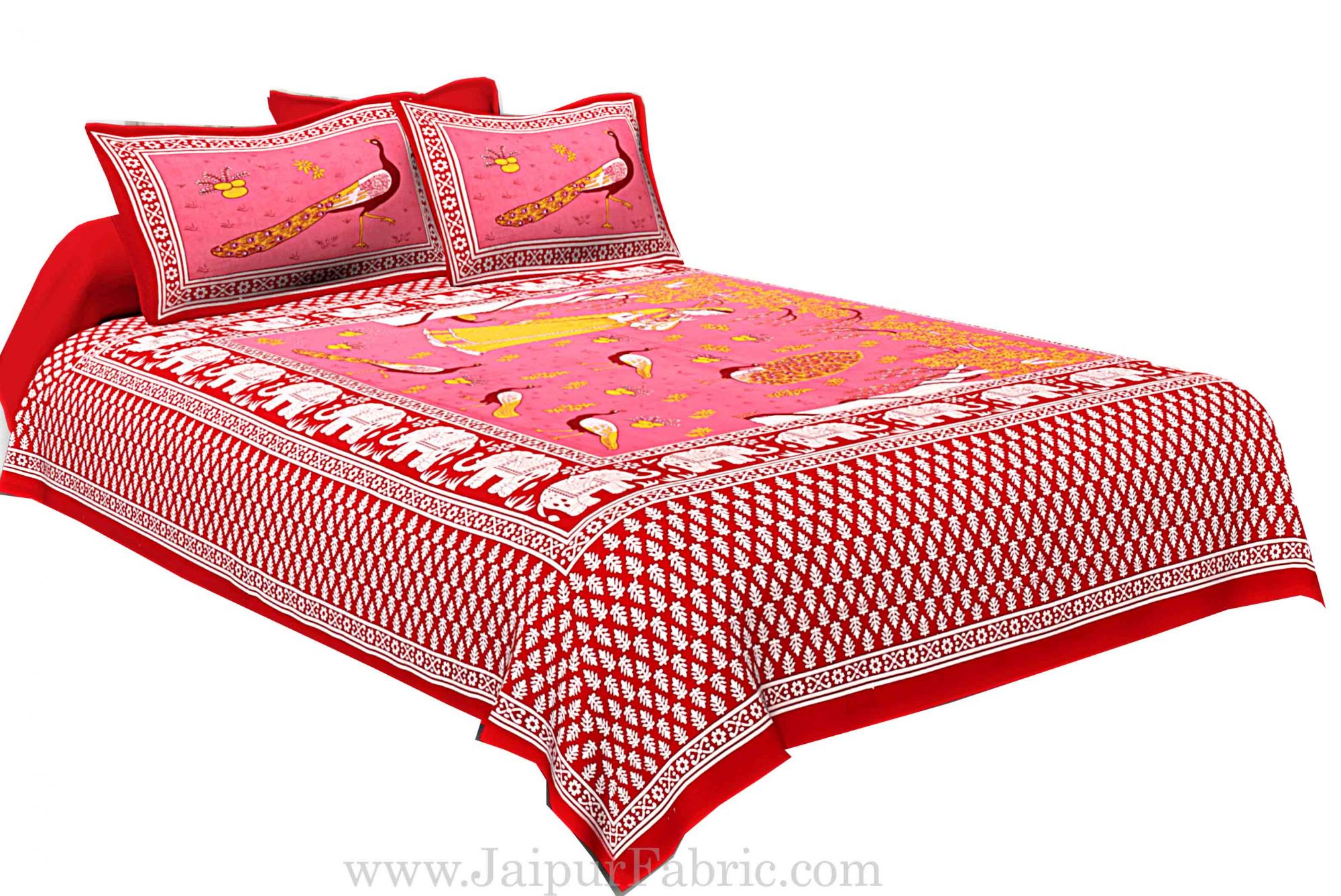 Maroon Border Pink Base Meera With Peacocks Cotton Double Bedsheet