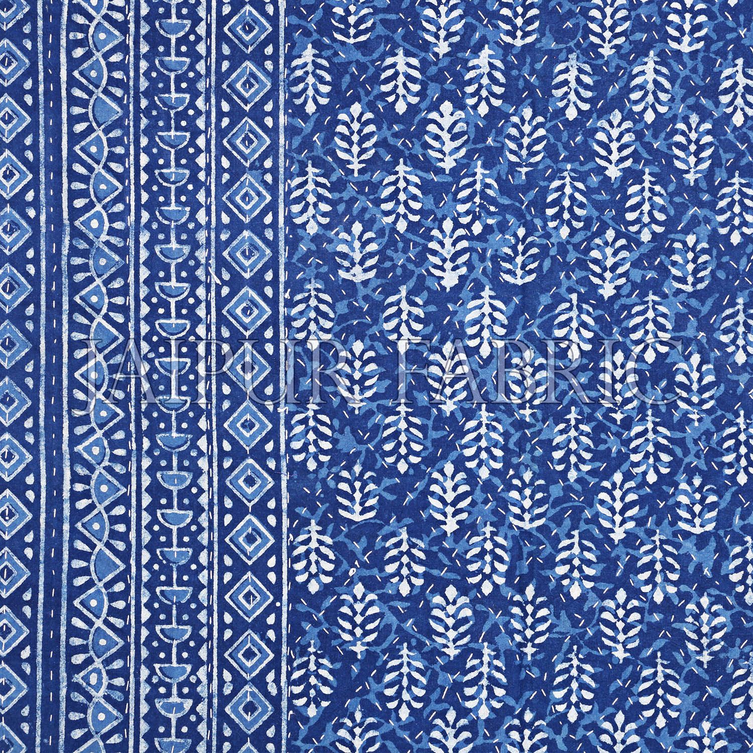 Blue And White Hand Block Dabu Print With Thread Hand Work(Kantha) With Lining Cotton Gudri (Bed Cover)