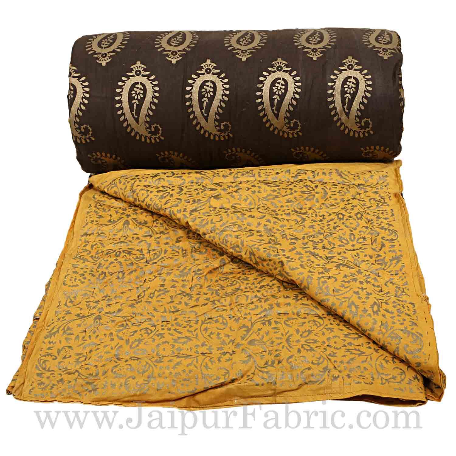 Jaipuri Printed Double Bed Razai Golden Yellow and black with Paisley pattern