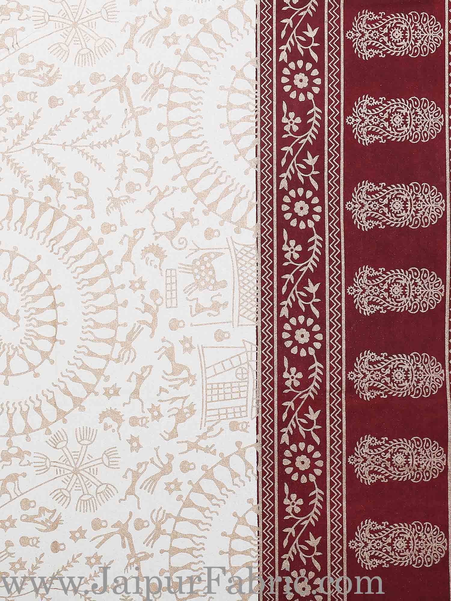 Maroon Border Cream Base With Golden Print Figure Print Super Fine Cotton Double Bed Sheet