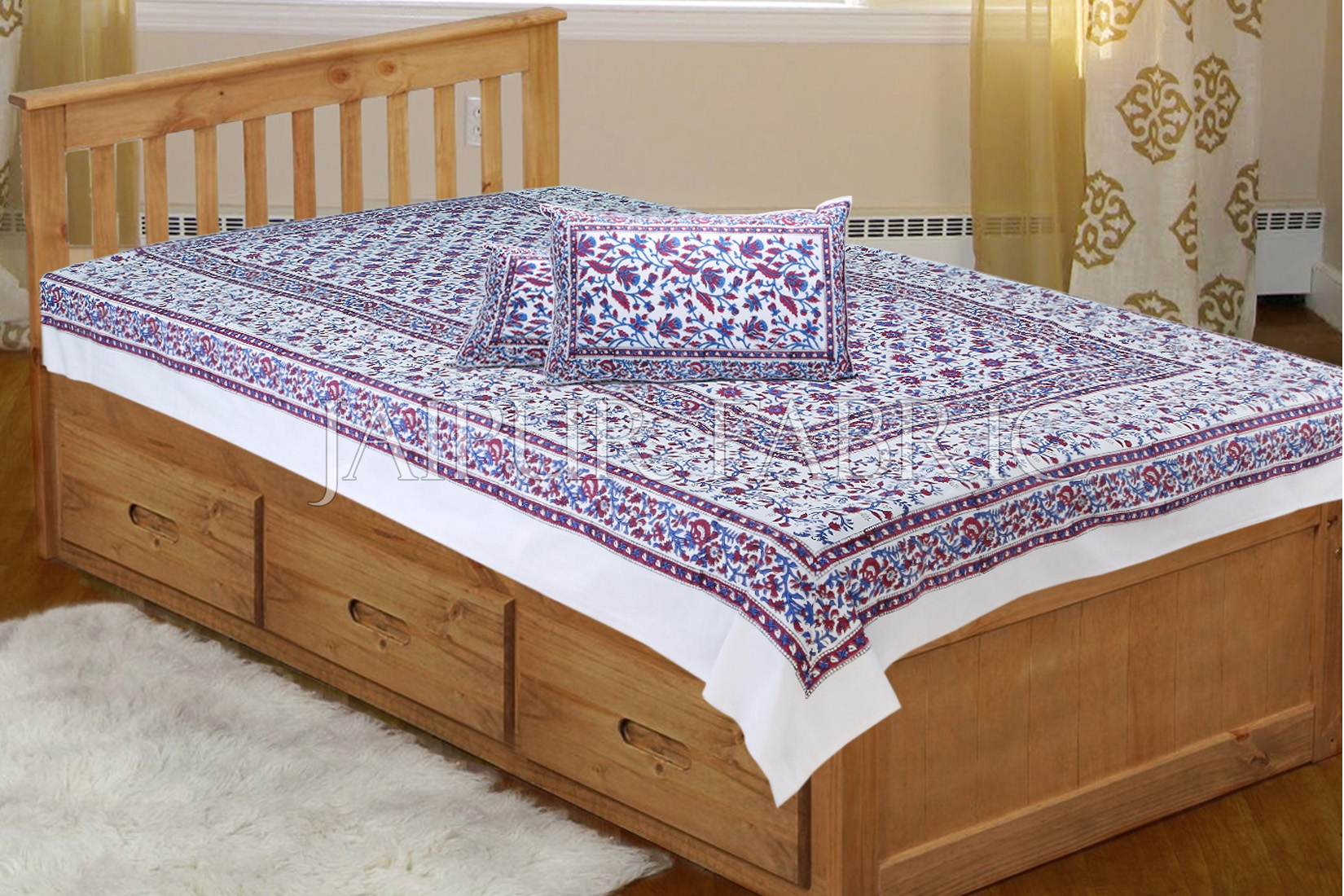 White Base with blue and Red floral print Single Cotton Bedsheet