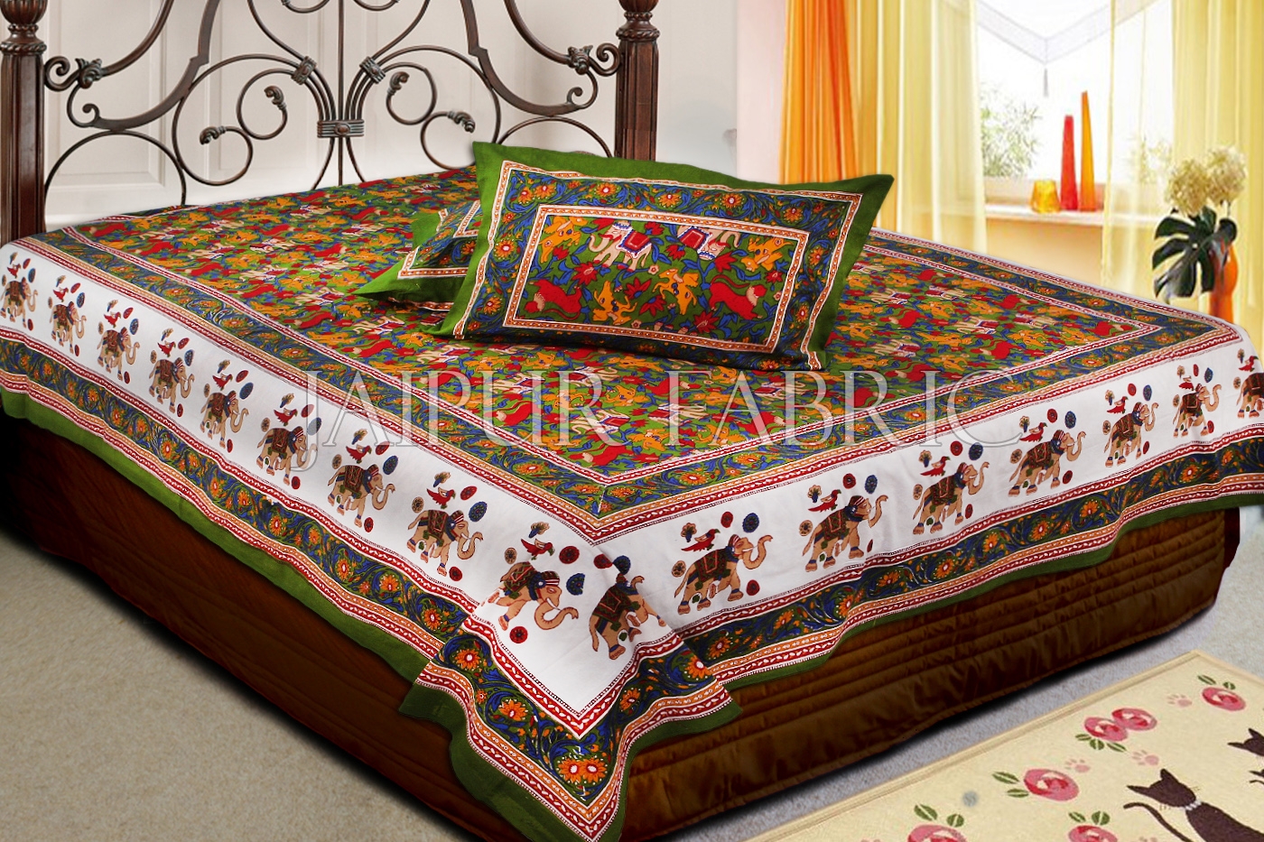 Green Base jaipur Handmade animal print bedsheet With pillow Covers