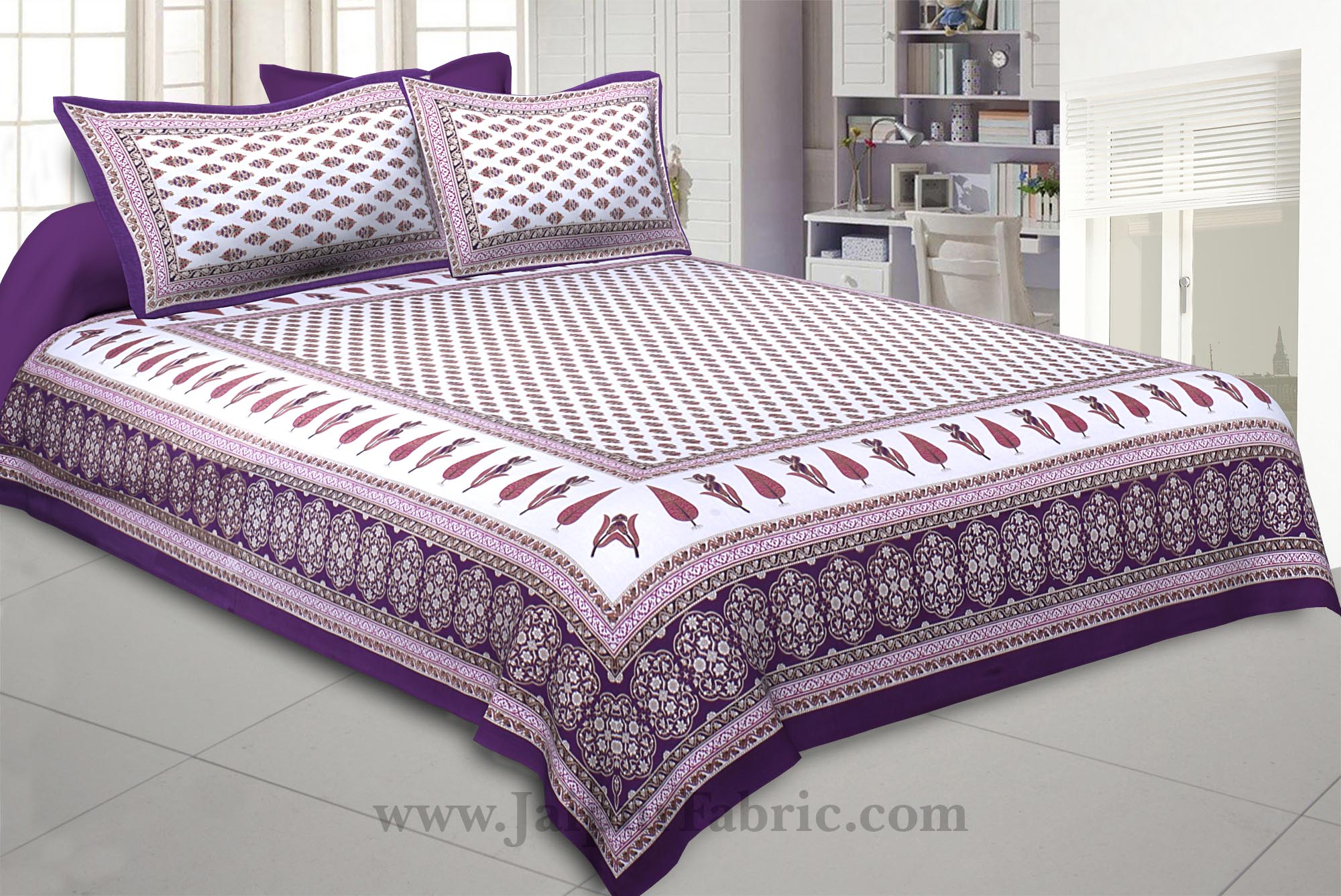 Purple Pink Gold Print Double Bedsheet