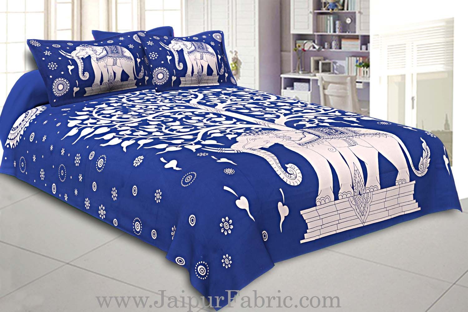 Double Bedsheet With Big Elephant And Tree Pattern With Two Pillow Cover