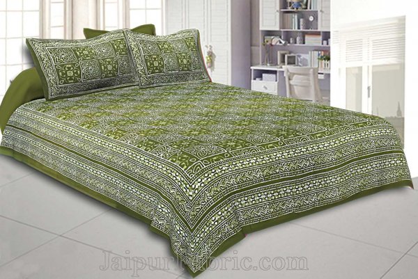 Double Bedsheet Dabu Indigo Dye Olive Green Geometric Patteren