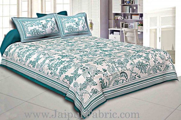 Green Border Cream Base Leaf And Floral Cotton Satin Hand Block Double Bedsheet