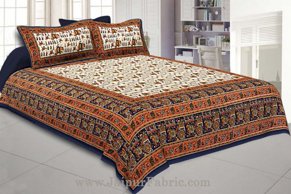 Super King Size Double Bedsheet Blue Jaipuri Traditional Print with 2 Pillow Covers