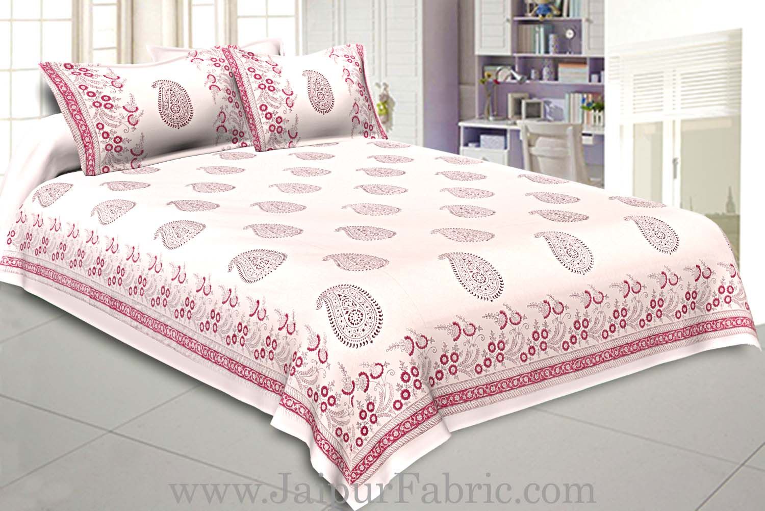 Double Bed Sheet White Base With Kadhi Print Blue Paisley  Hand Block Print Super Fine  Cotton