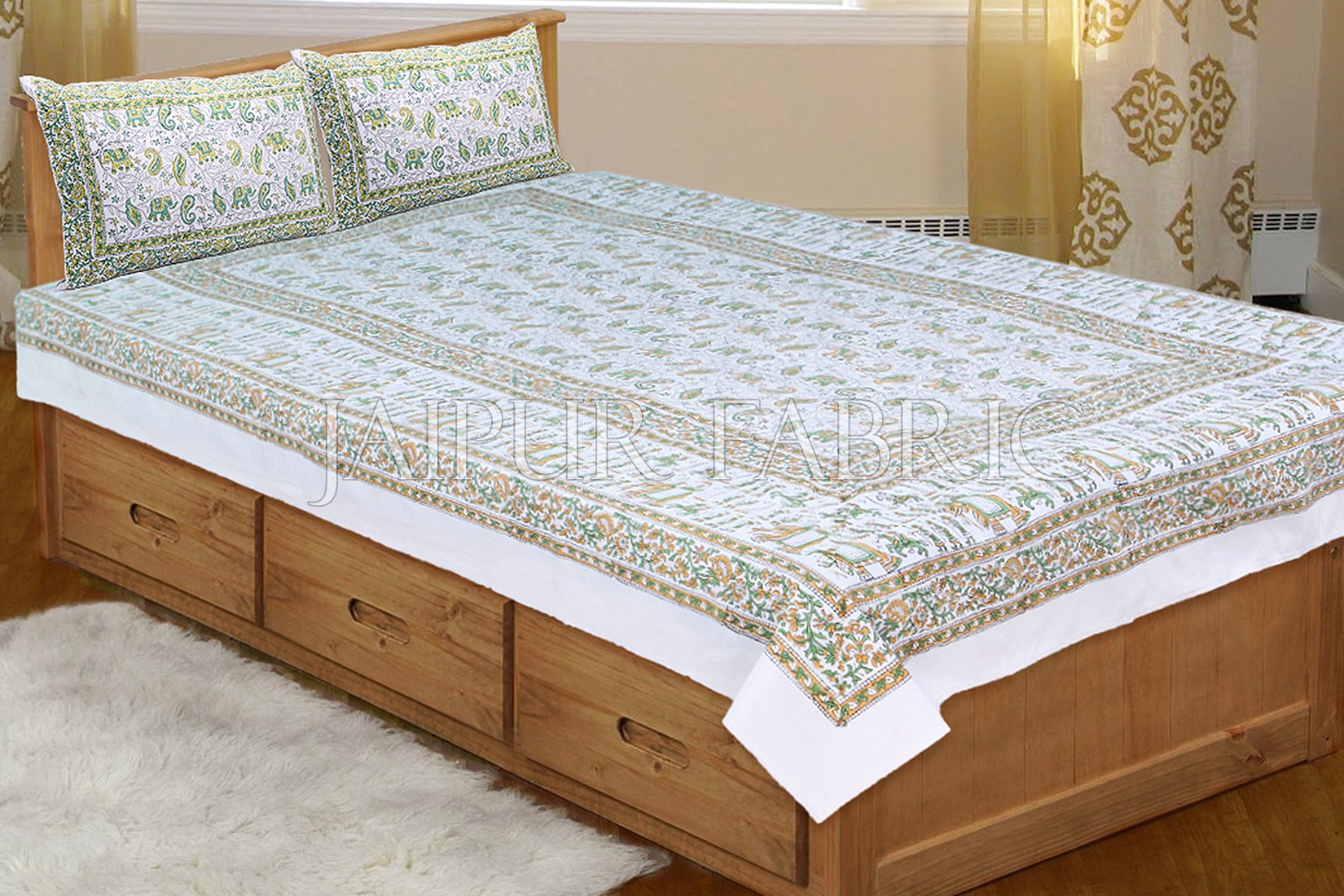 White Base With Green Elephant Brown Mango pattern Print Single Cotton Bed sheet