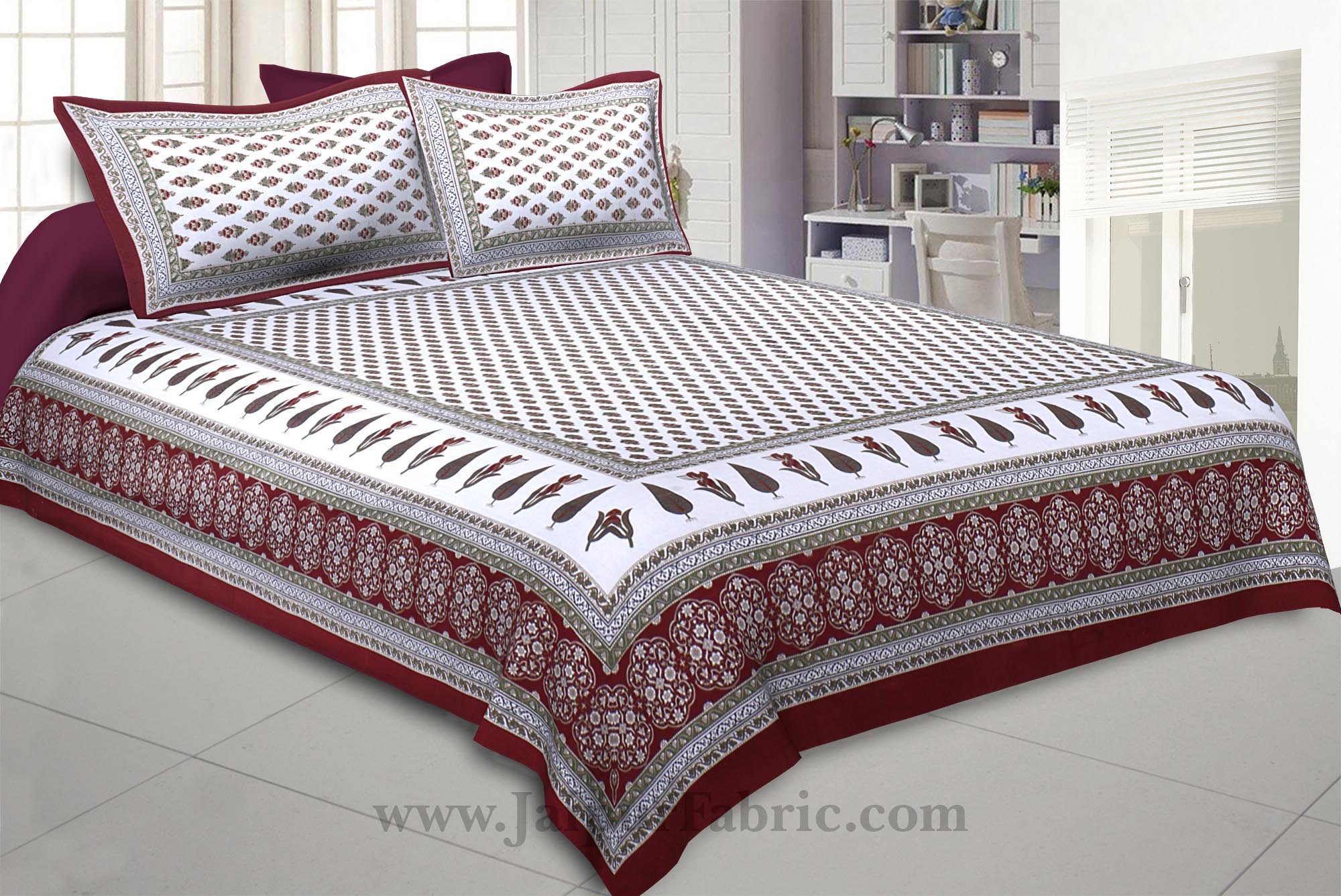 Maroon Green Gold Print Double Bedsheet