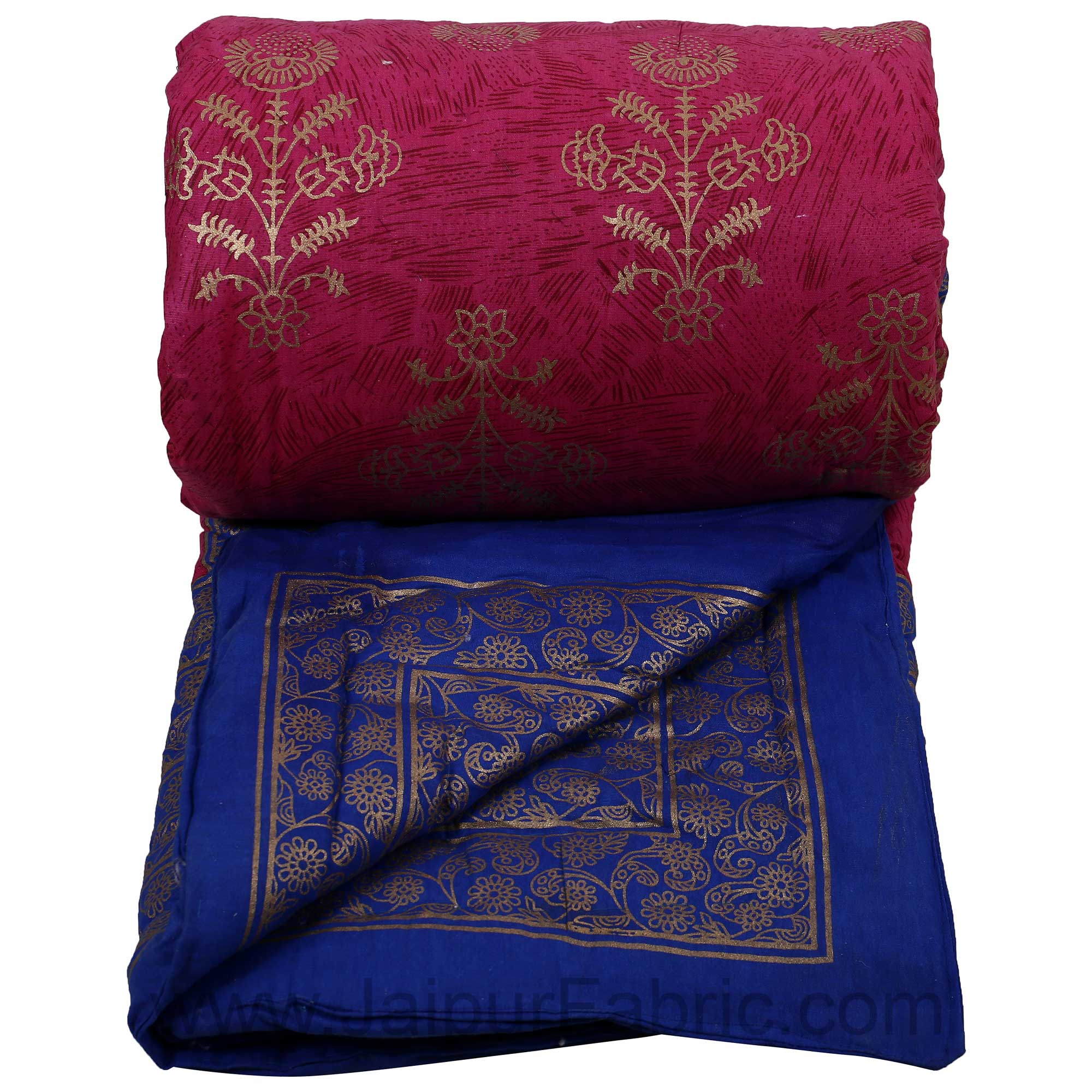 Jaipuri Printed Single Bed Razai Golden Blue And Rani With Leaf Pattern