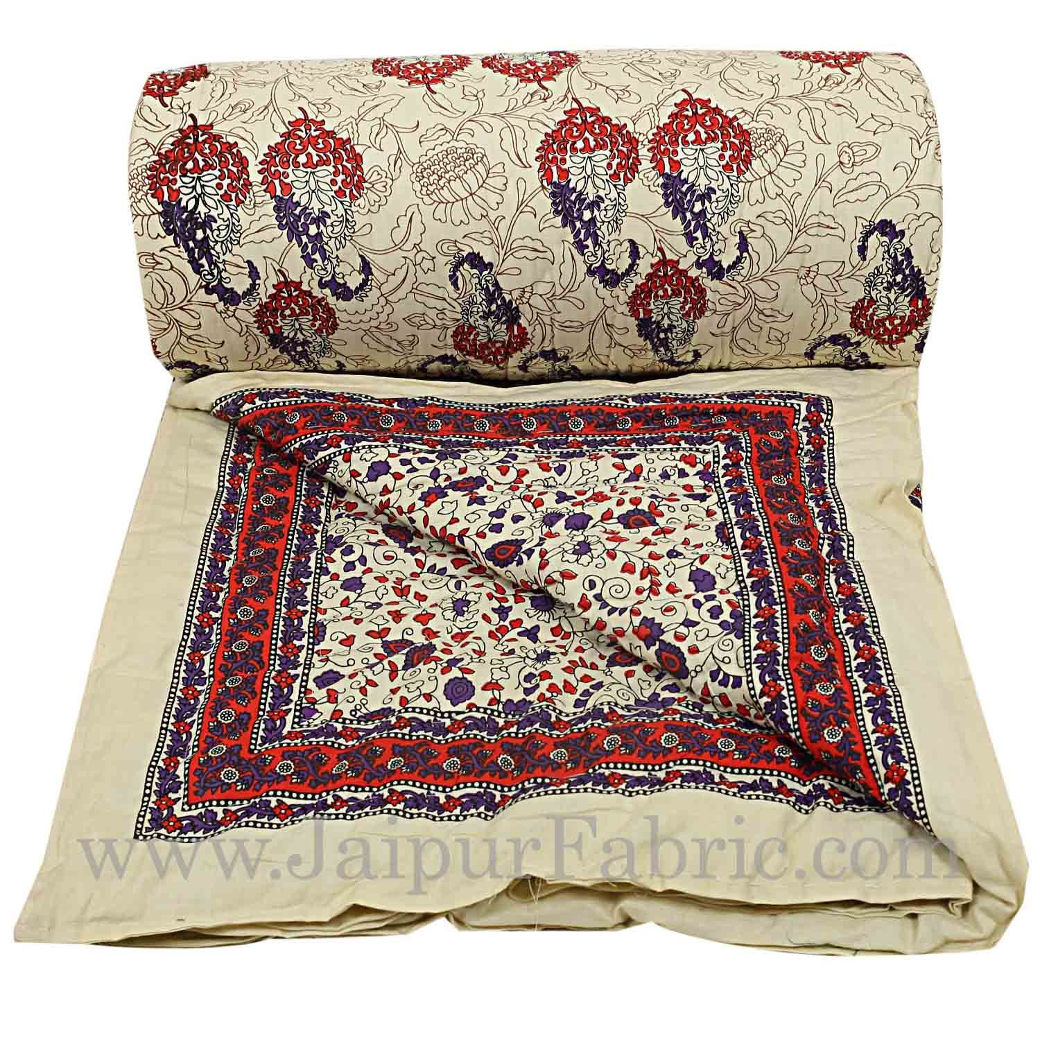 Jaipuri Printed Double Bed Razai Red  Cream Base with Mughal pattern