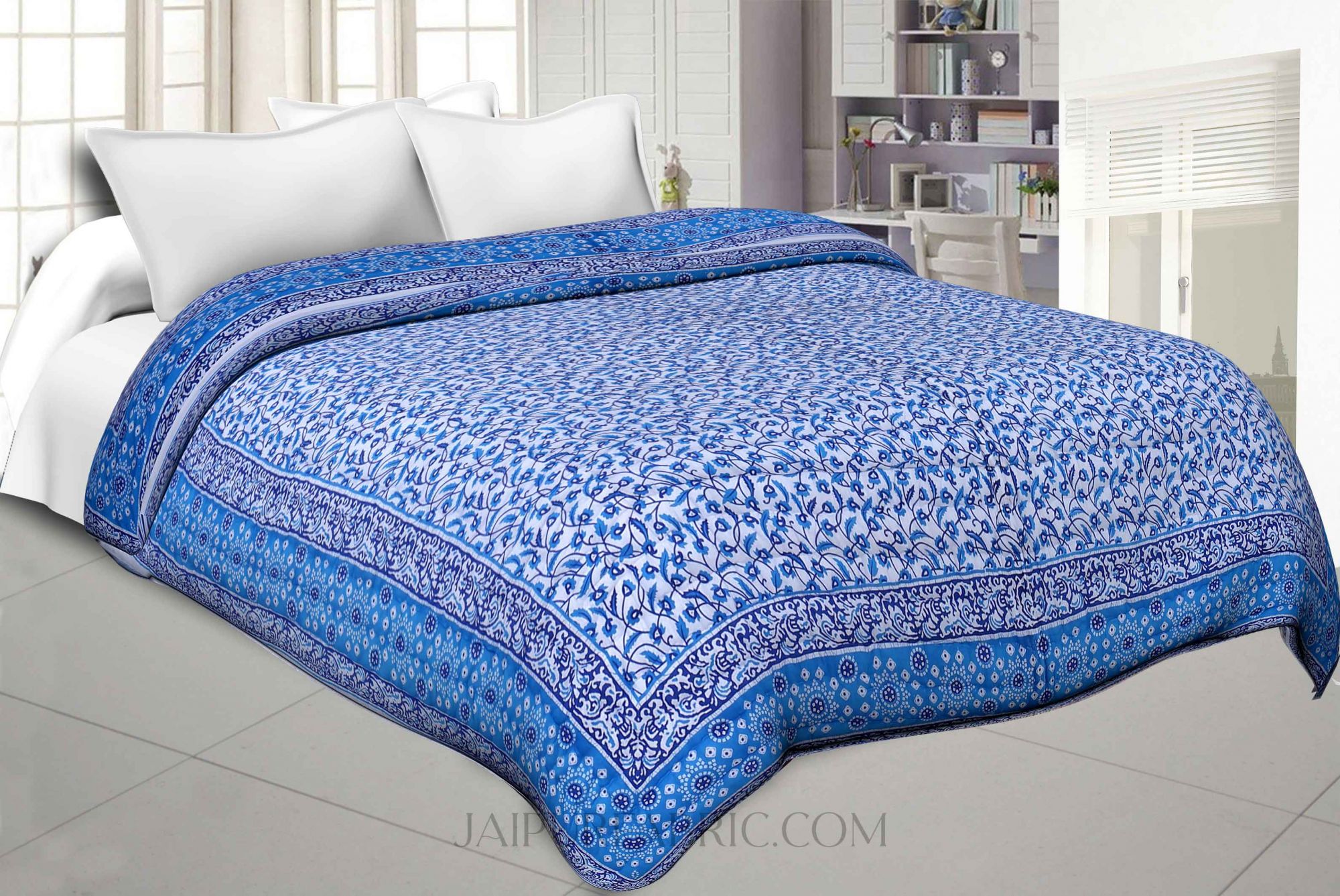 Blue Manjari Jaipuri Double Bed Quilt