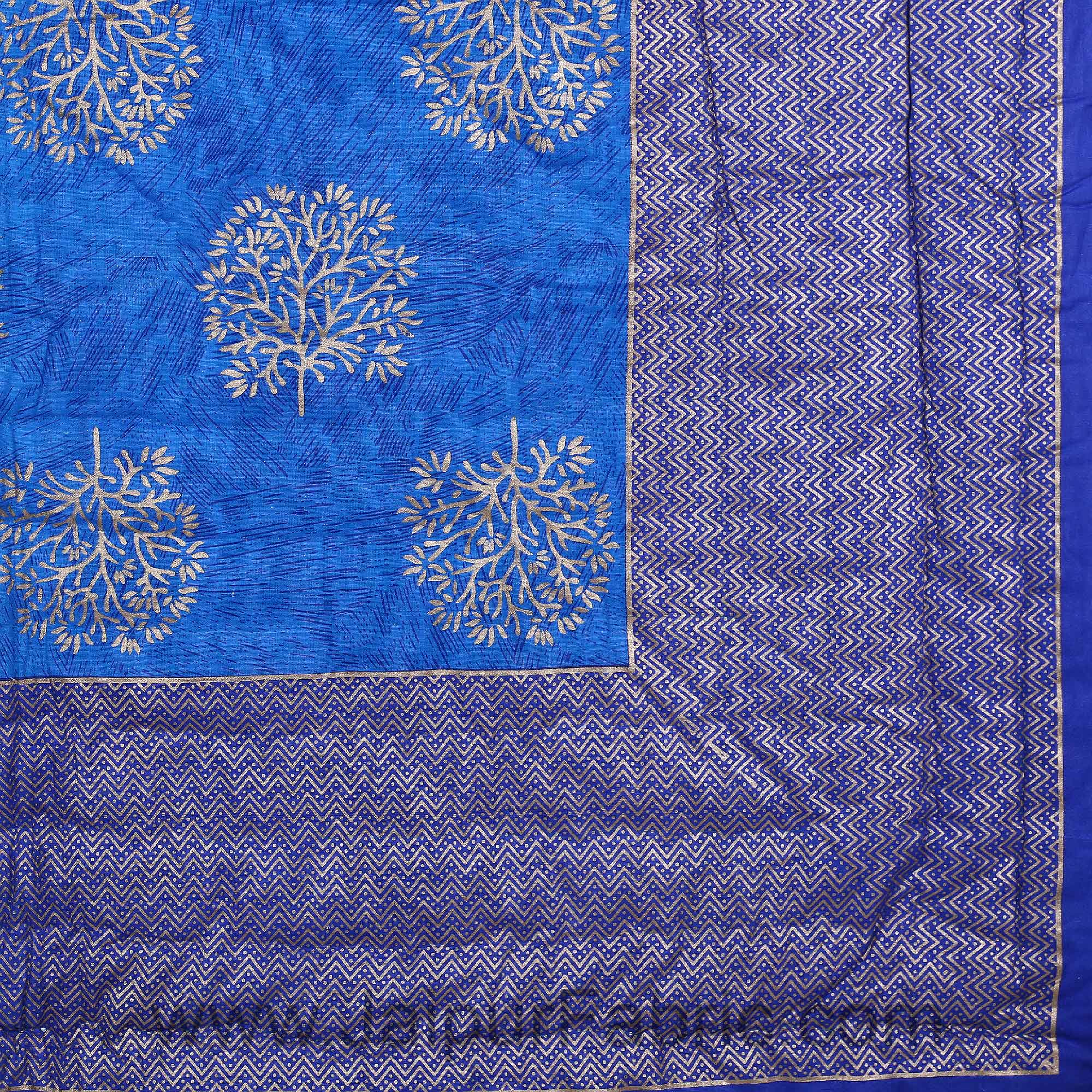 Jaipuri Printed Single Bed Razai Golden Blue And Sea Green With Leaf Pattern