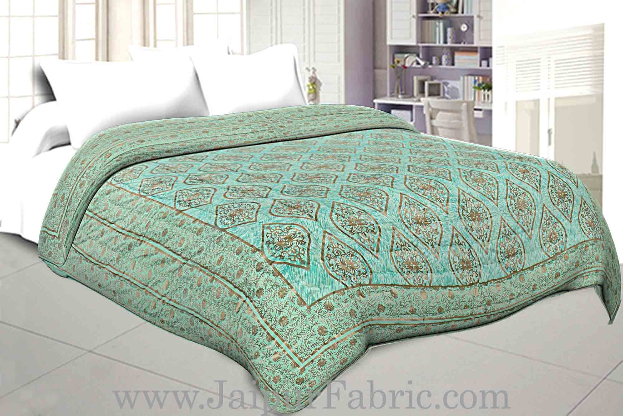 Jaipuri Printed Double Bed Razai Golden Pista Green with retro pattern