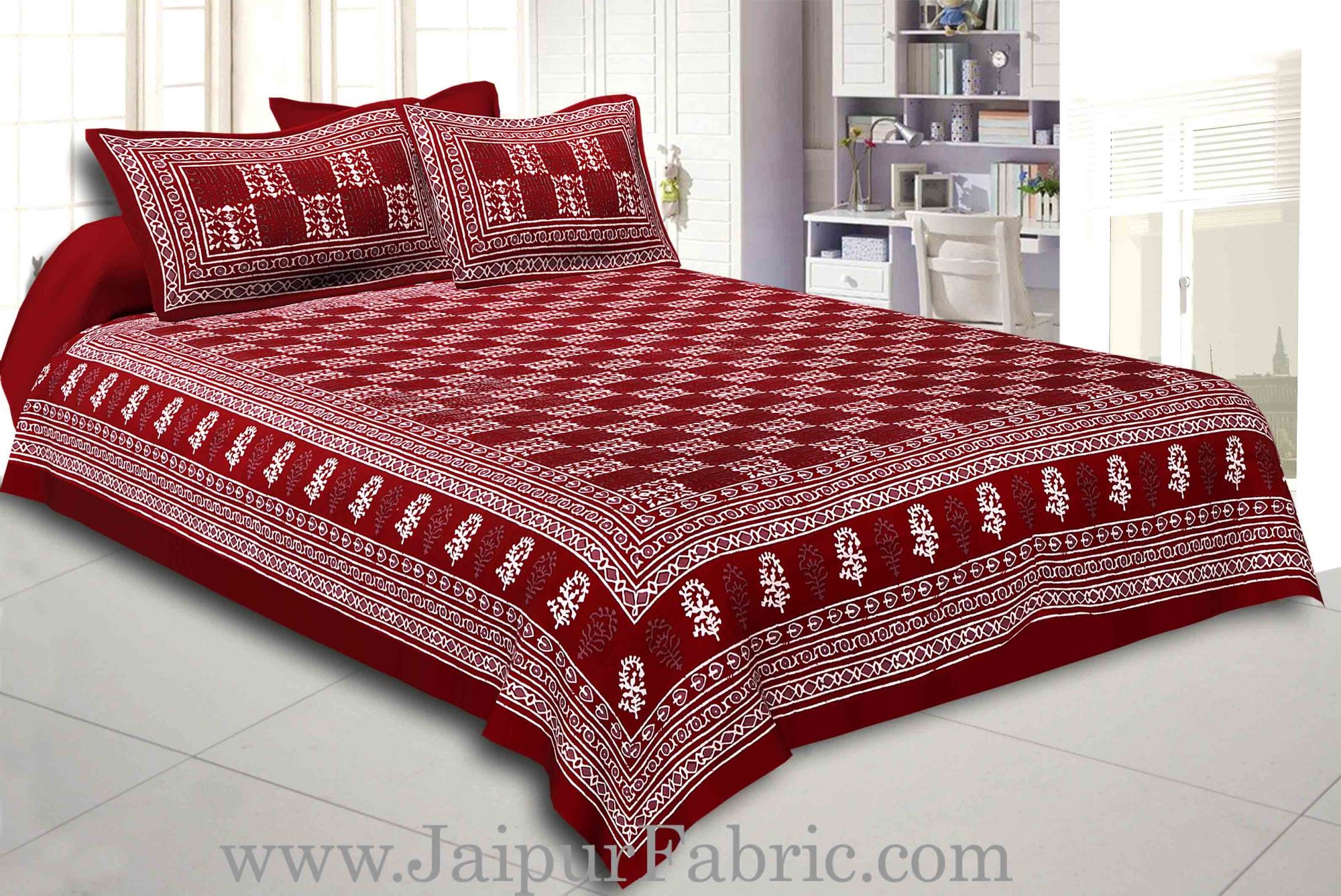 Maroon Border Maroon  Base Checkered  Print Fine Cotton Double Bed sheet  With Pillow Cover