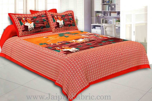 Red Border Bailgadi Pattern Pigment Print Cotton Double Bedsheet