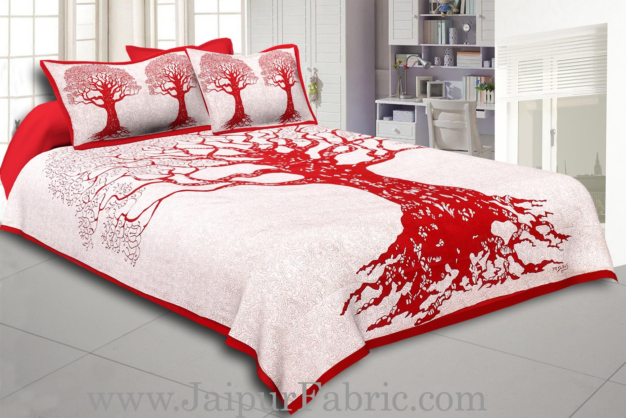 Red Border Light Cream base Big Tree Pattern  Super Fine Cotton Double Bed Sheet