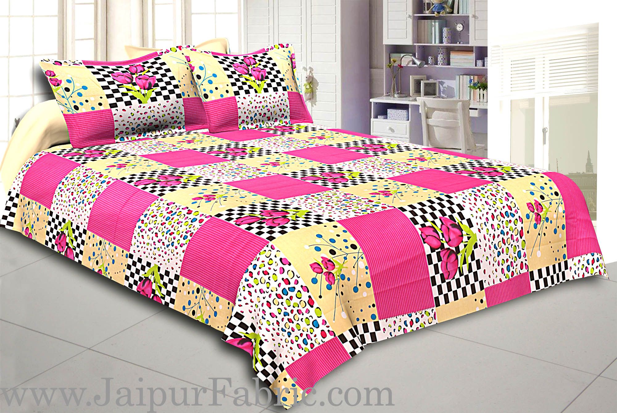 Pink Flower with Checkered Print Double Bed Sheet