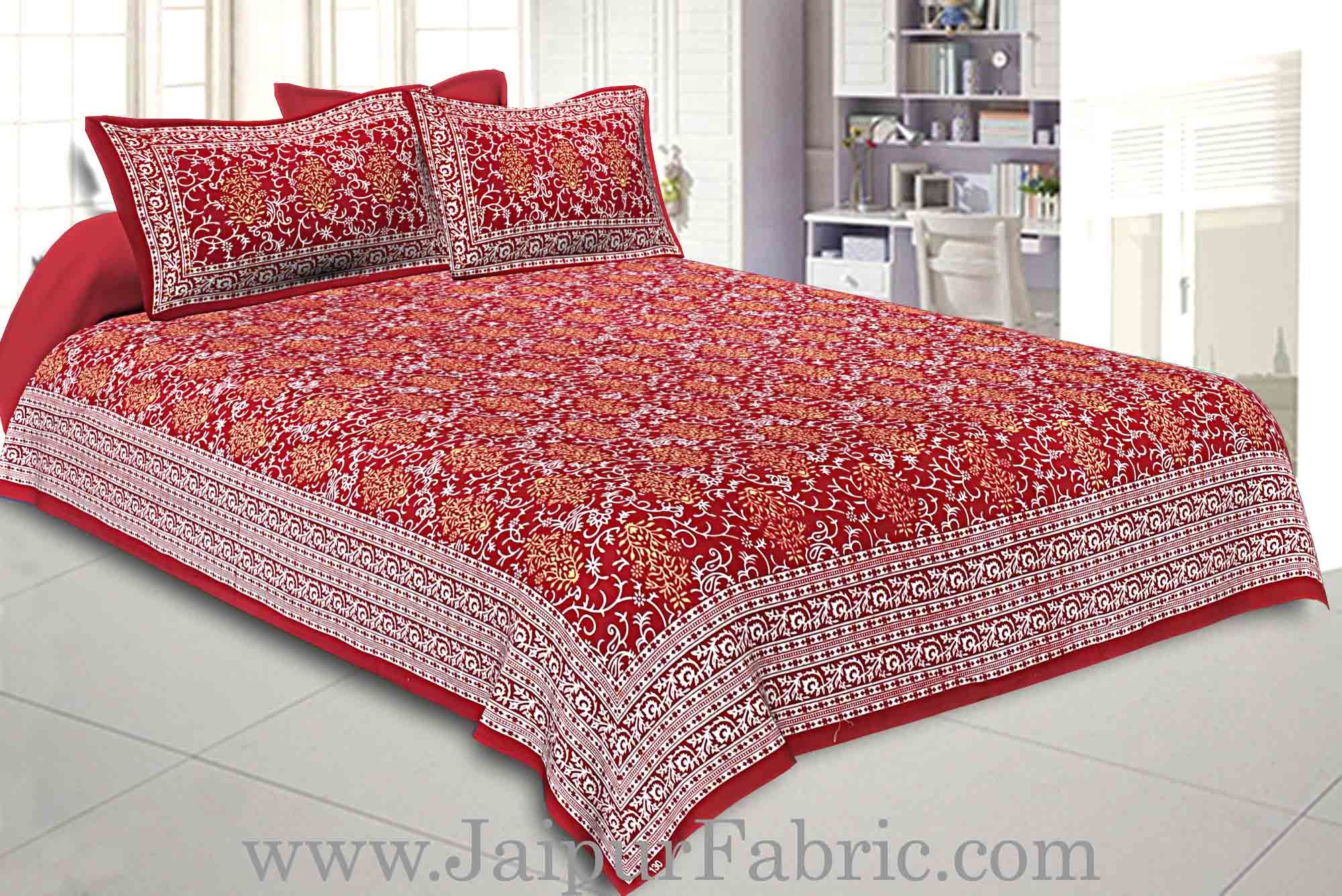 Double Bedsheet Crimson Red Vintage Seamless Print With 2 Pillow Covers