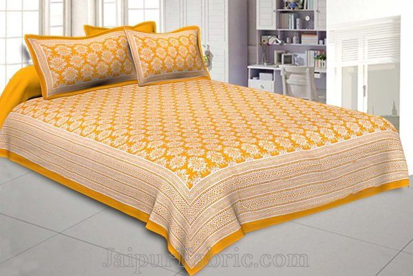 Double Bedsheet Yellow Hand Block Floral Print